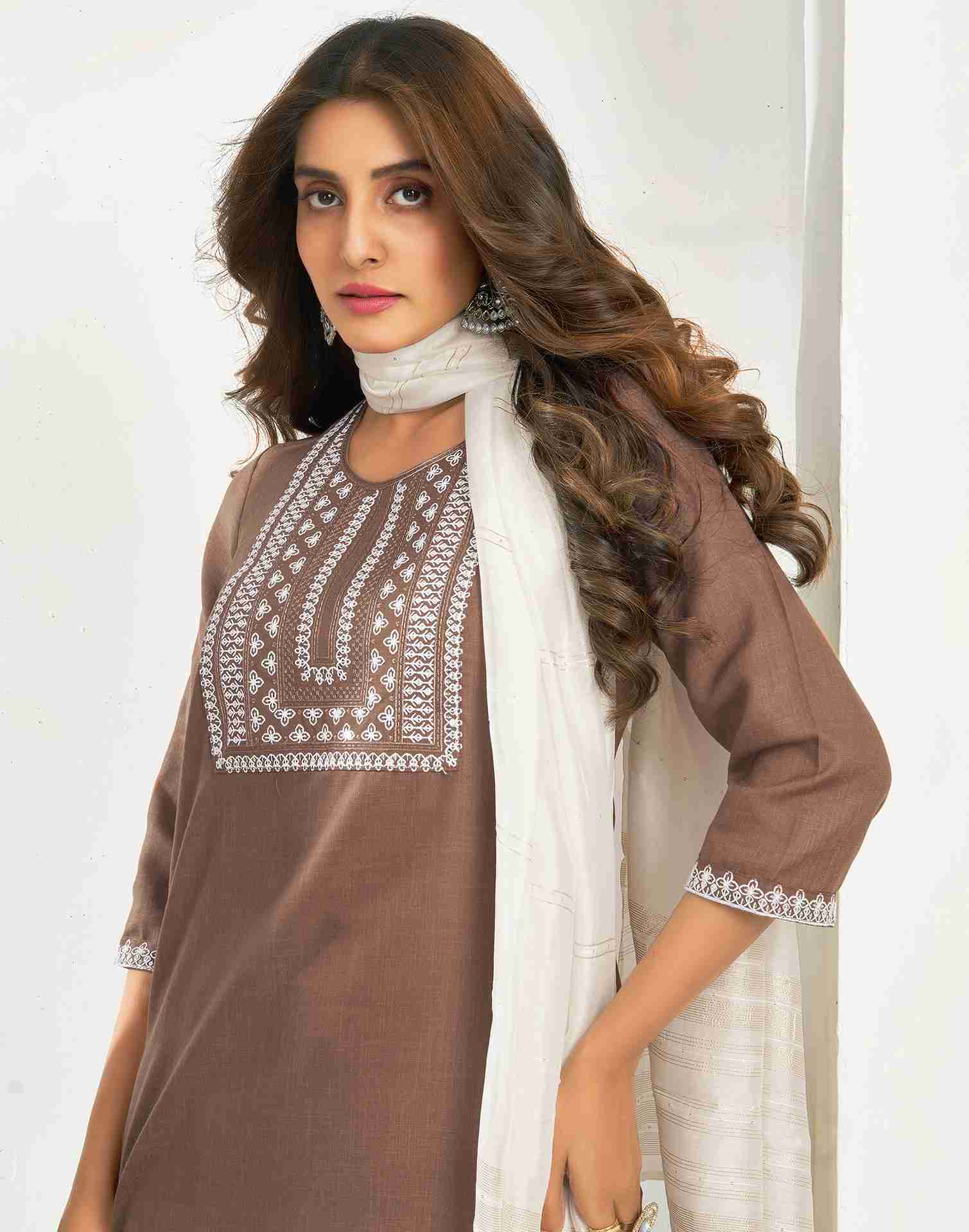 Brown Cotton Embroidery Straight Kurta Set With Dupatta