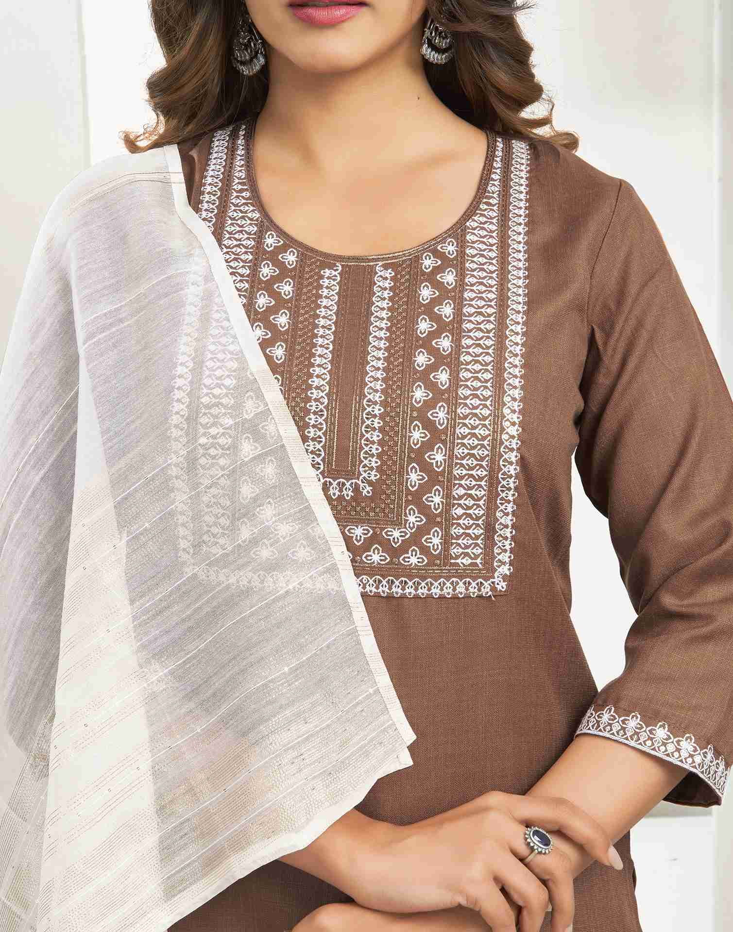 Brown Cotton Embroidery Straight Kurta Set With Dupatta