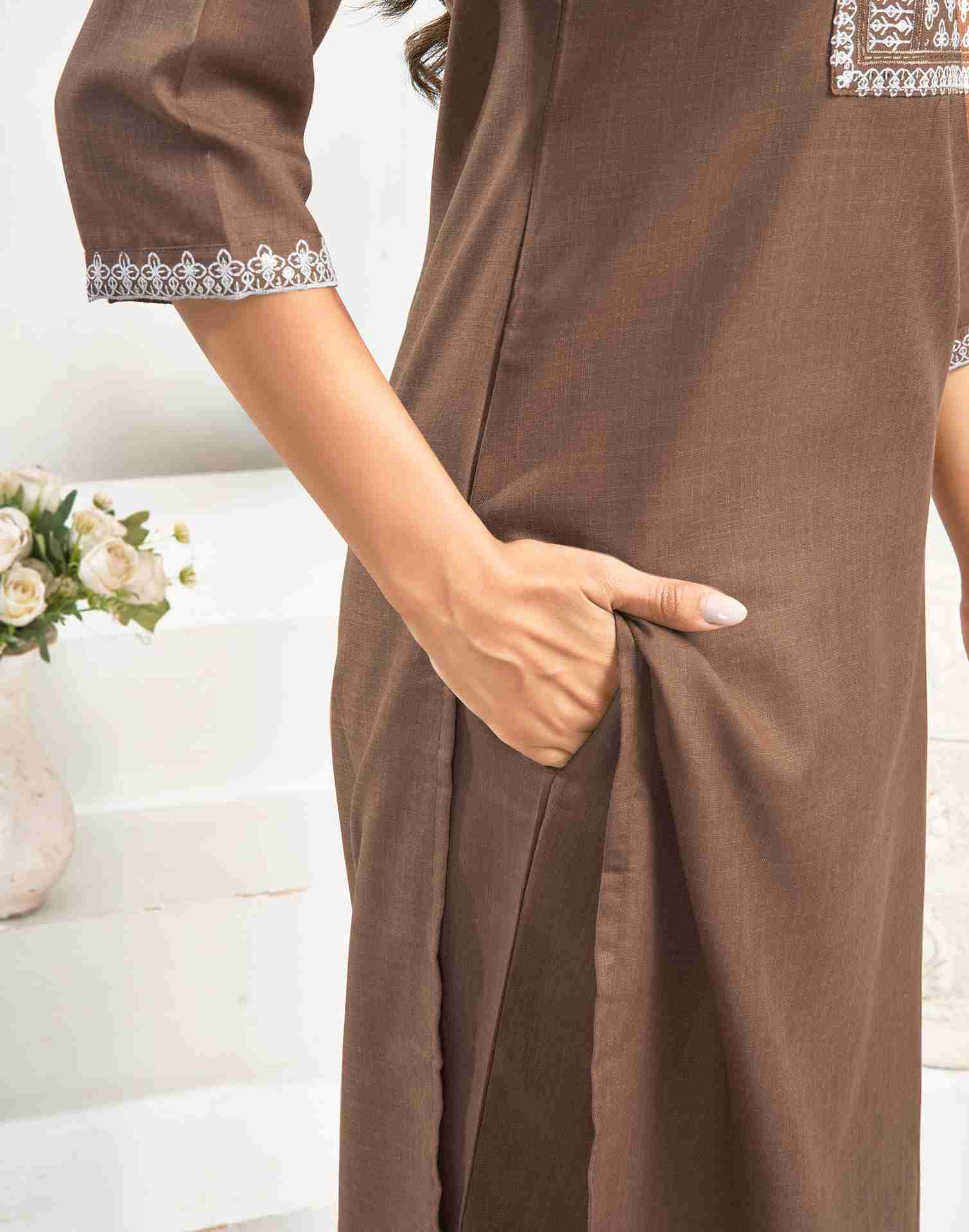 Brown Cotton Embroidery Straight Kurta Set With Dupatta