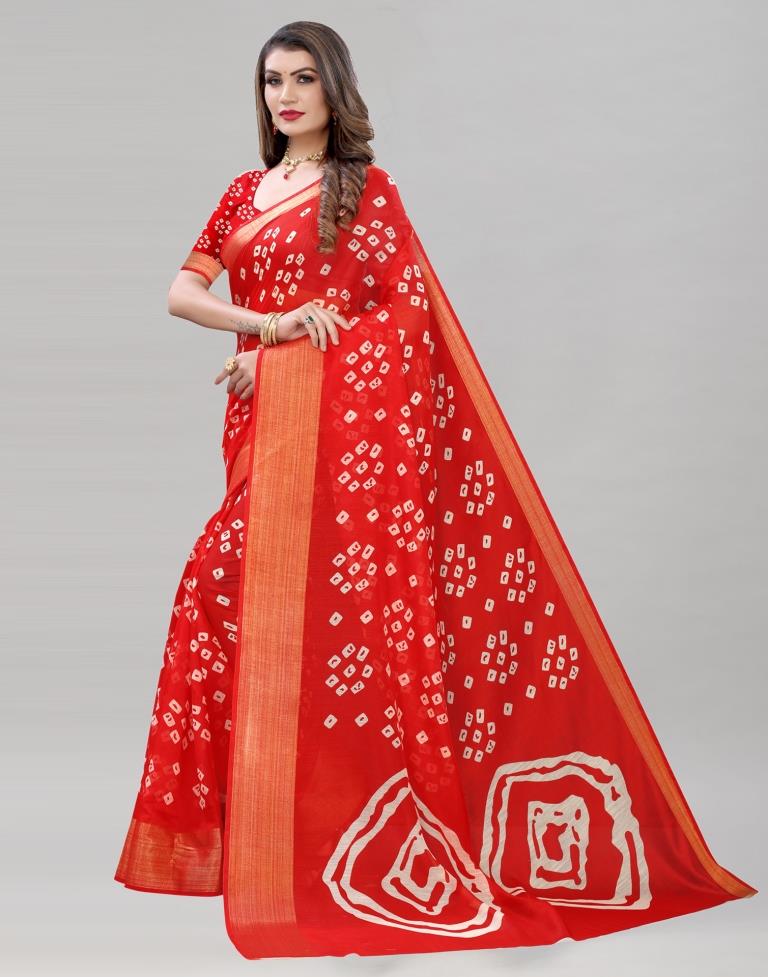 Red Cotton Bandhani Printed Saree | Sudathi