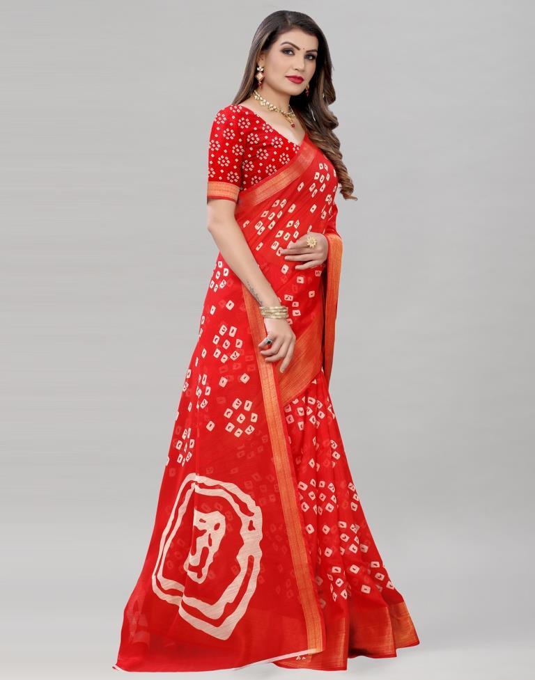 Red Cotton Bandhani Printed Saree | Sudathi