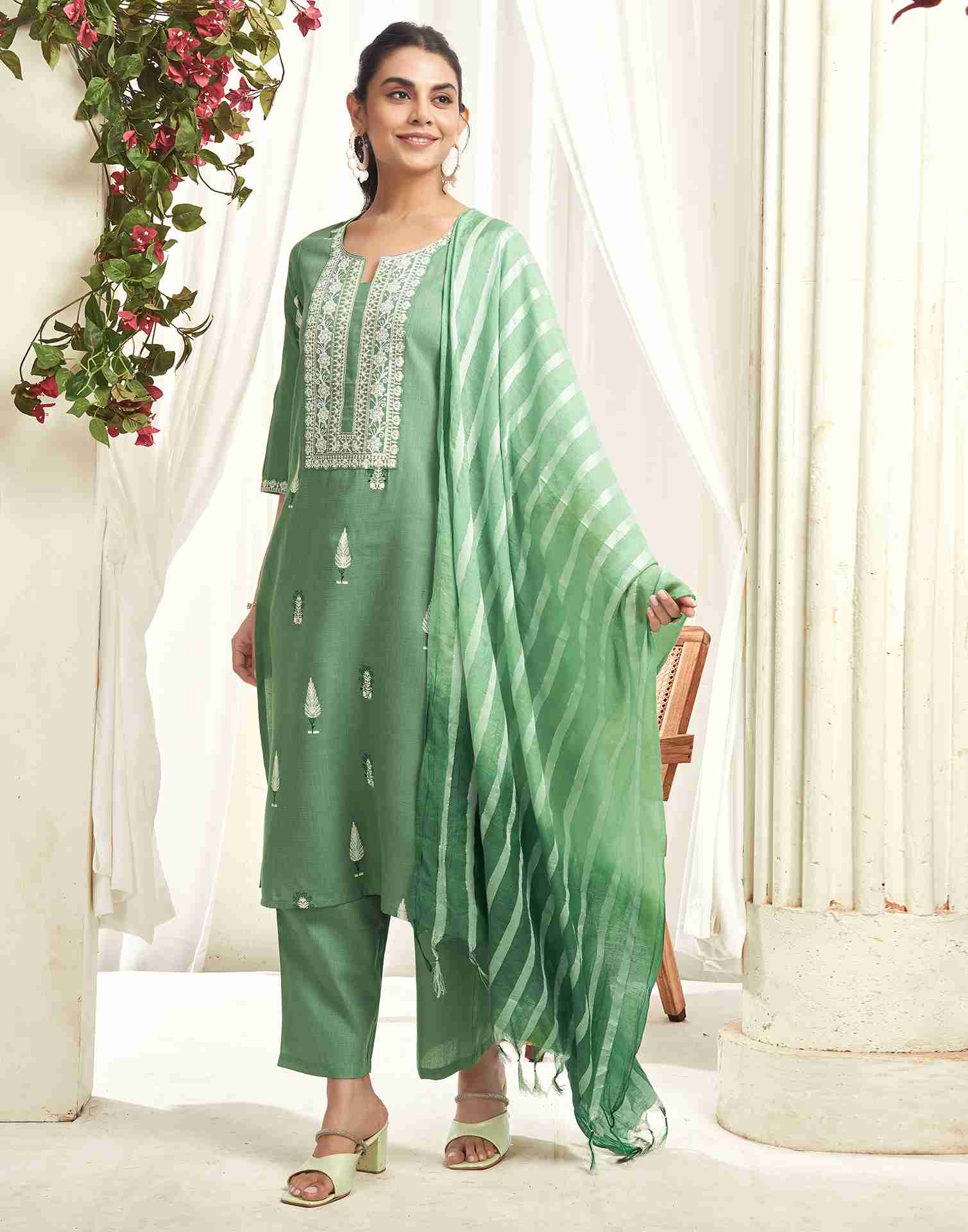 Pista Green Cotton Embroidery Straight Kurta With Pant And Dupatta