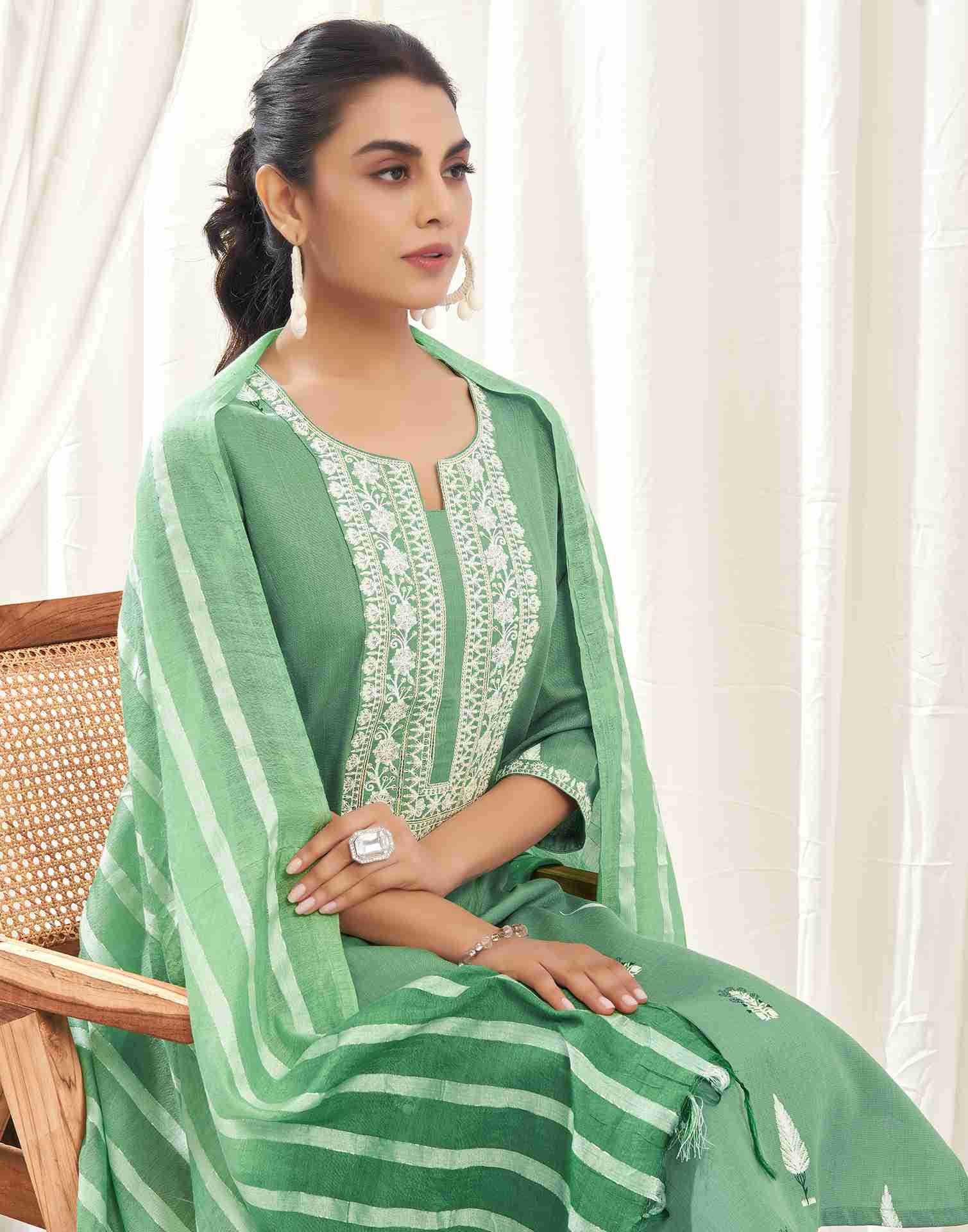 Pista Green Cotton Embroidery Straight Kurta With Pant And Dupatta