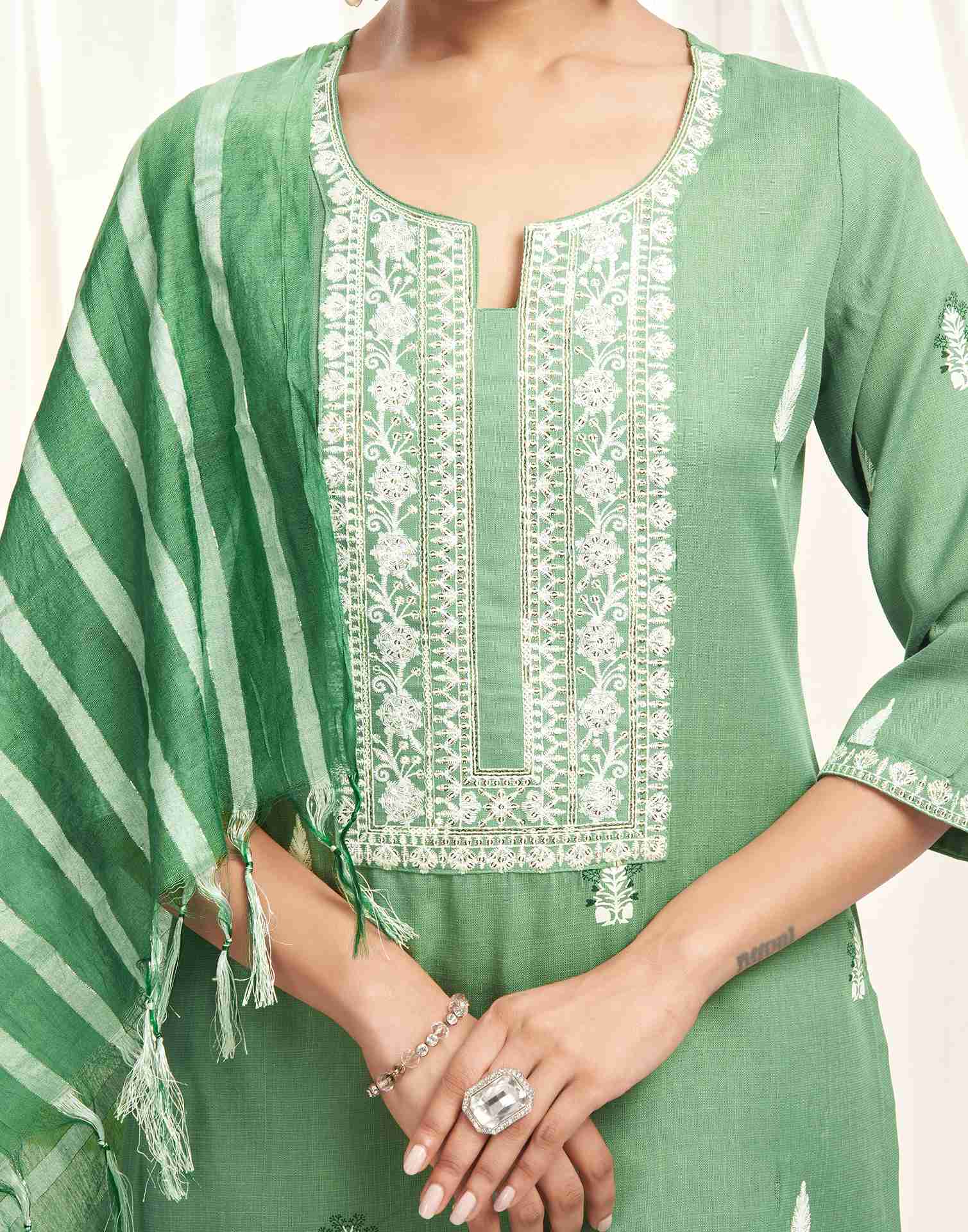Pista Green Cotton Embroidery Straight Kurta With Pant And Dupatta