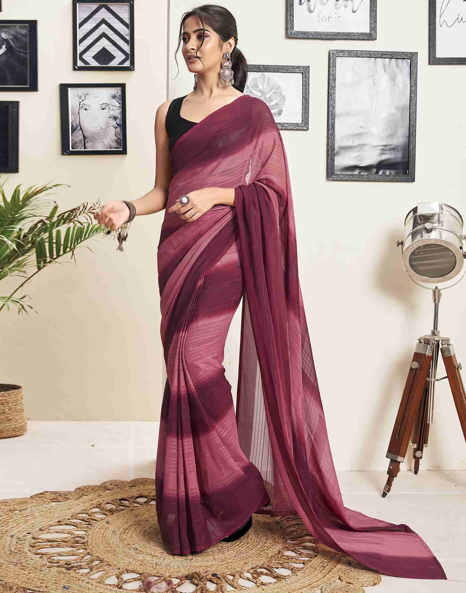 Ready To Wear Maroon Georgette Printed Saree