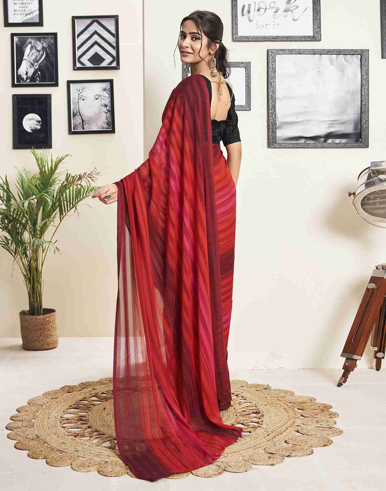 Ready To Wear Maroon Georgette Printed Saree