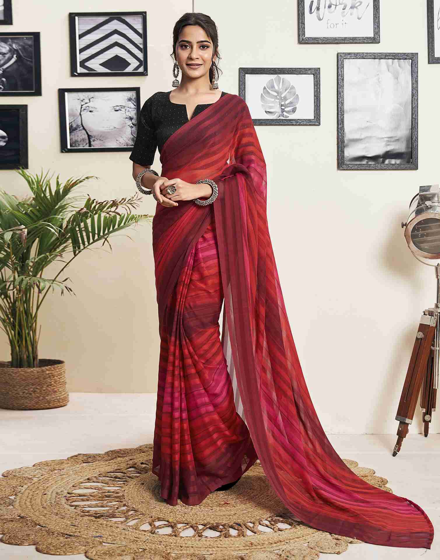 Ready To Wear Maroon Georgette Printed Saree