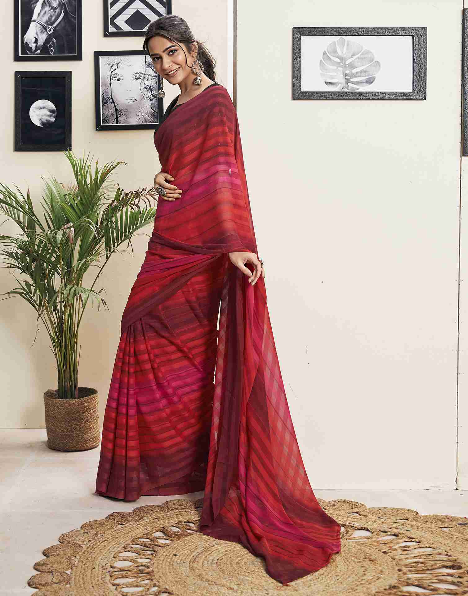 Ready To Wear Maroon Georgette Printed Saree