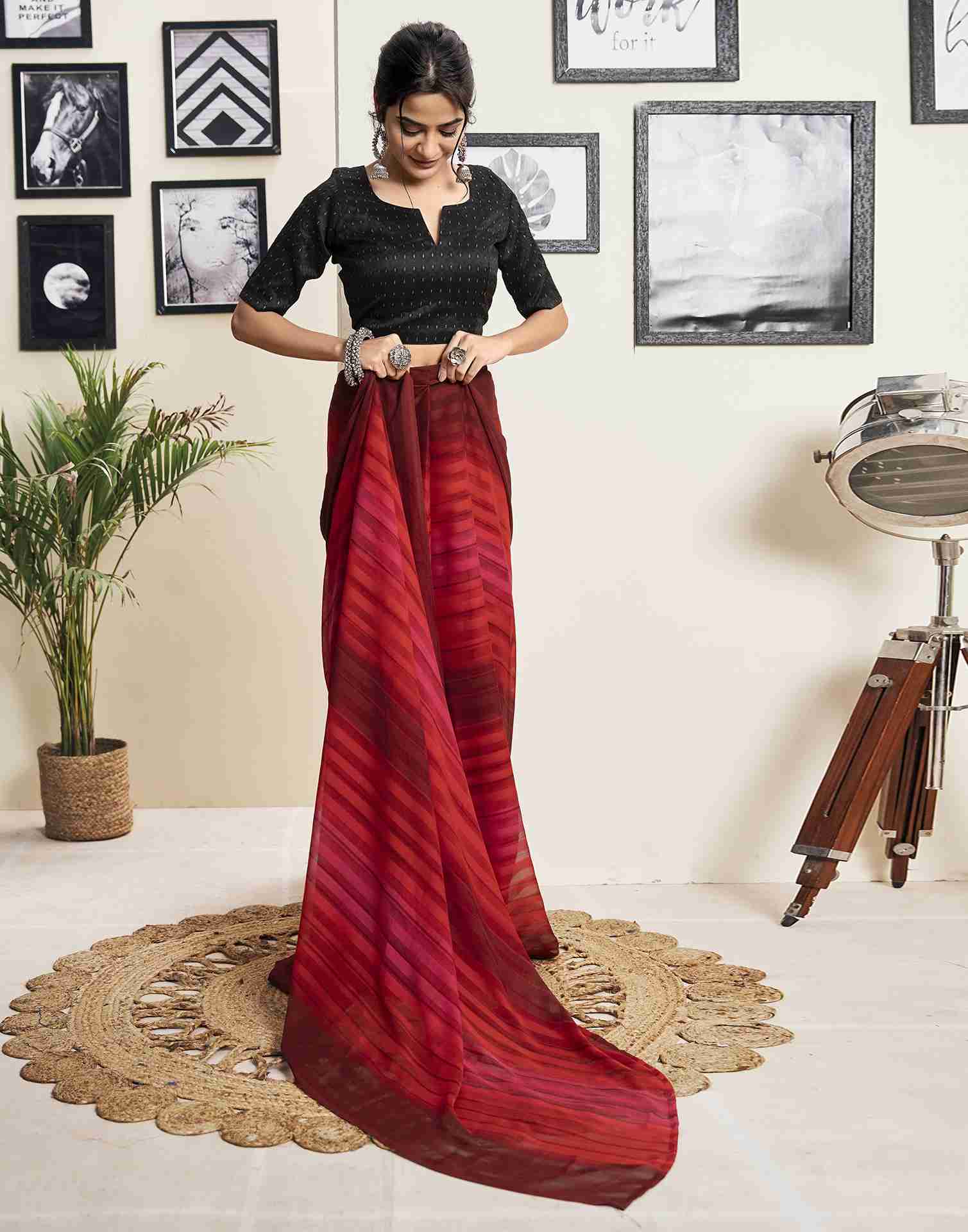 Ready To Wear Maroon Georgette Printed Saree