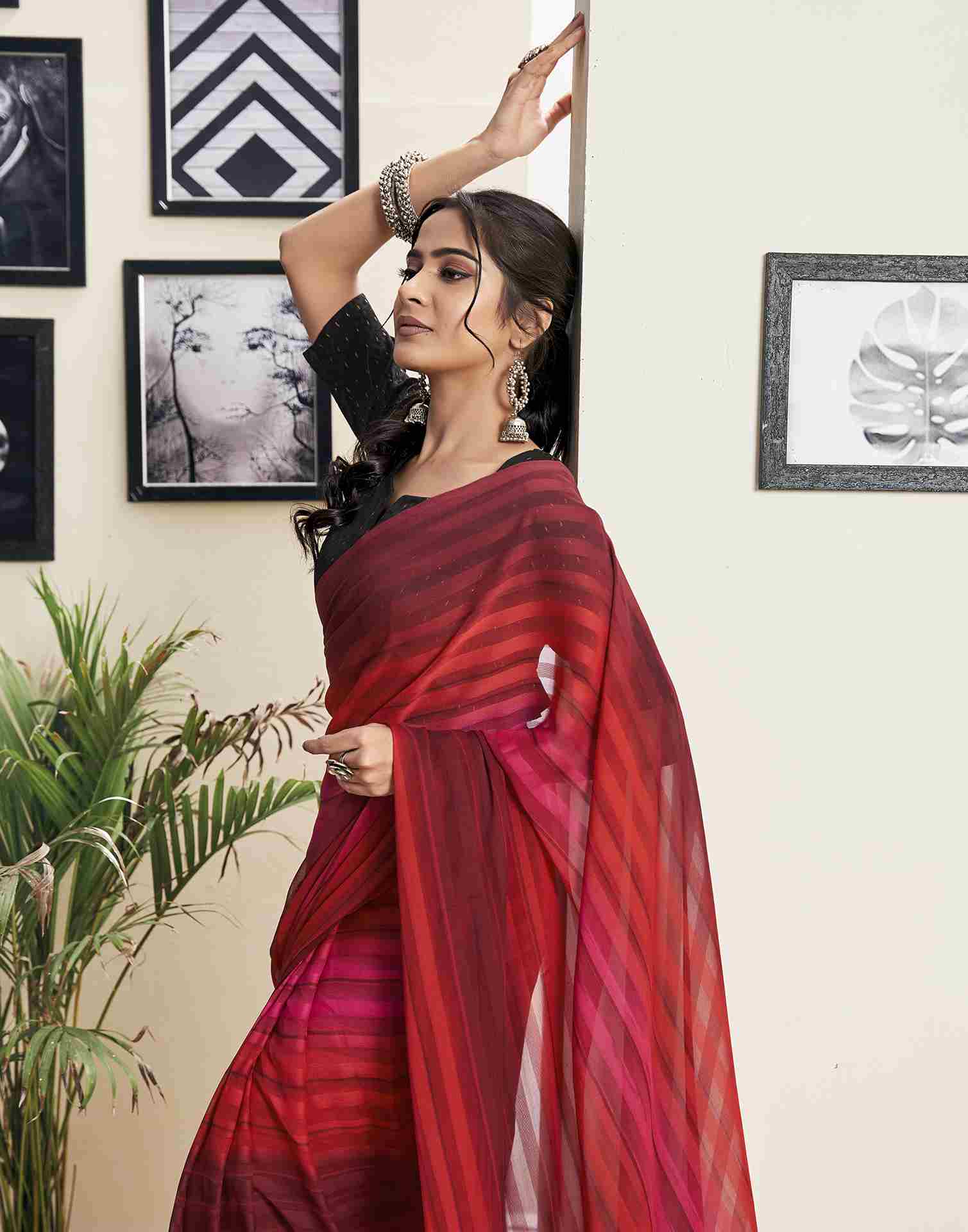 Ready To Wear Maroon Georgette Printed Saree