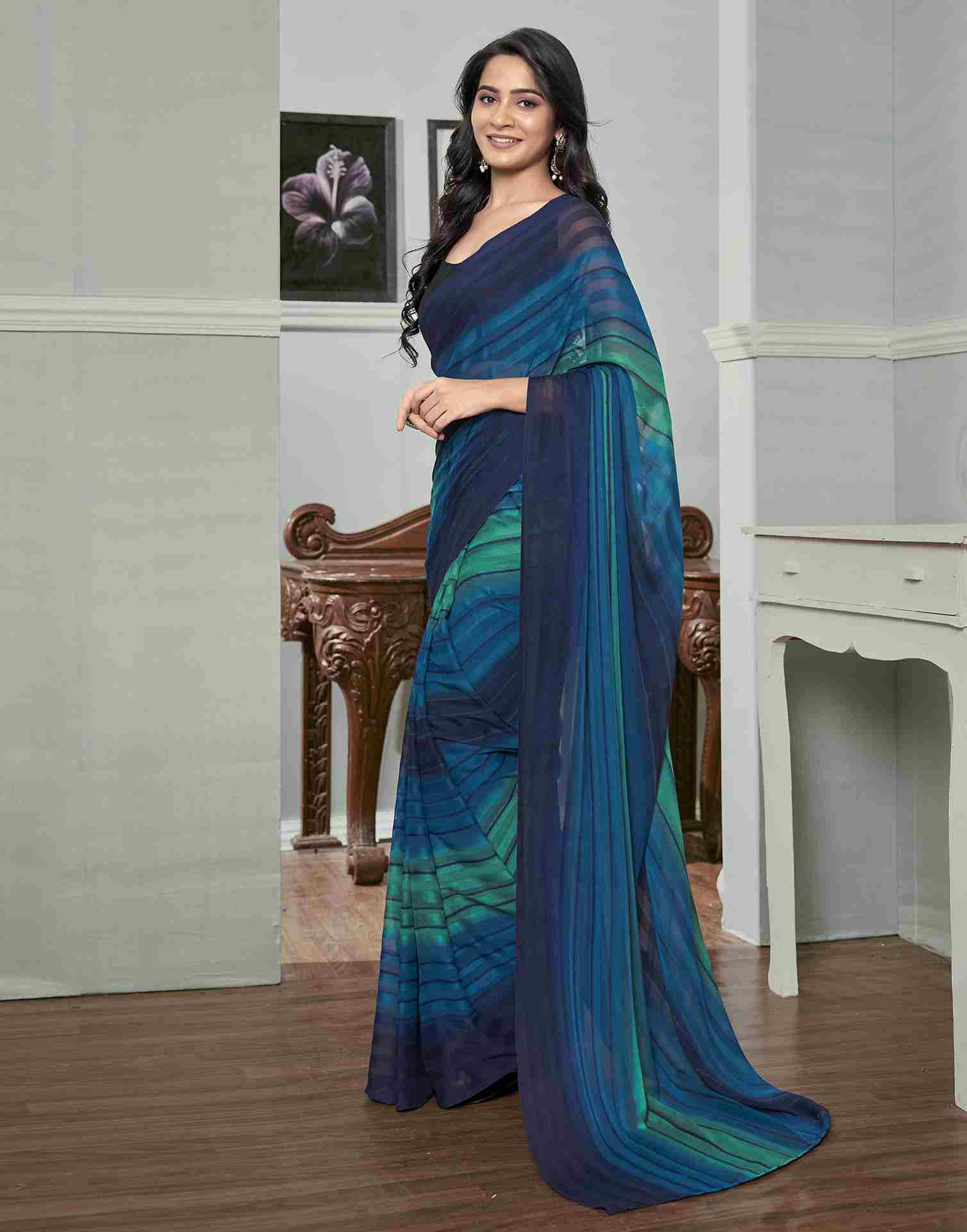 Ready To Wear Navy Blue Georgette Printed Saree