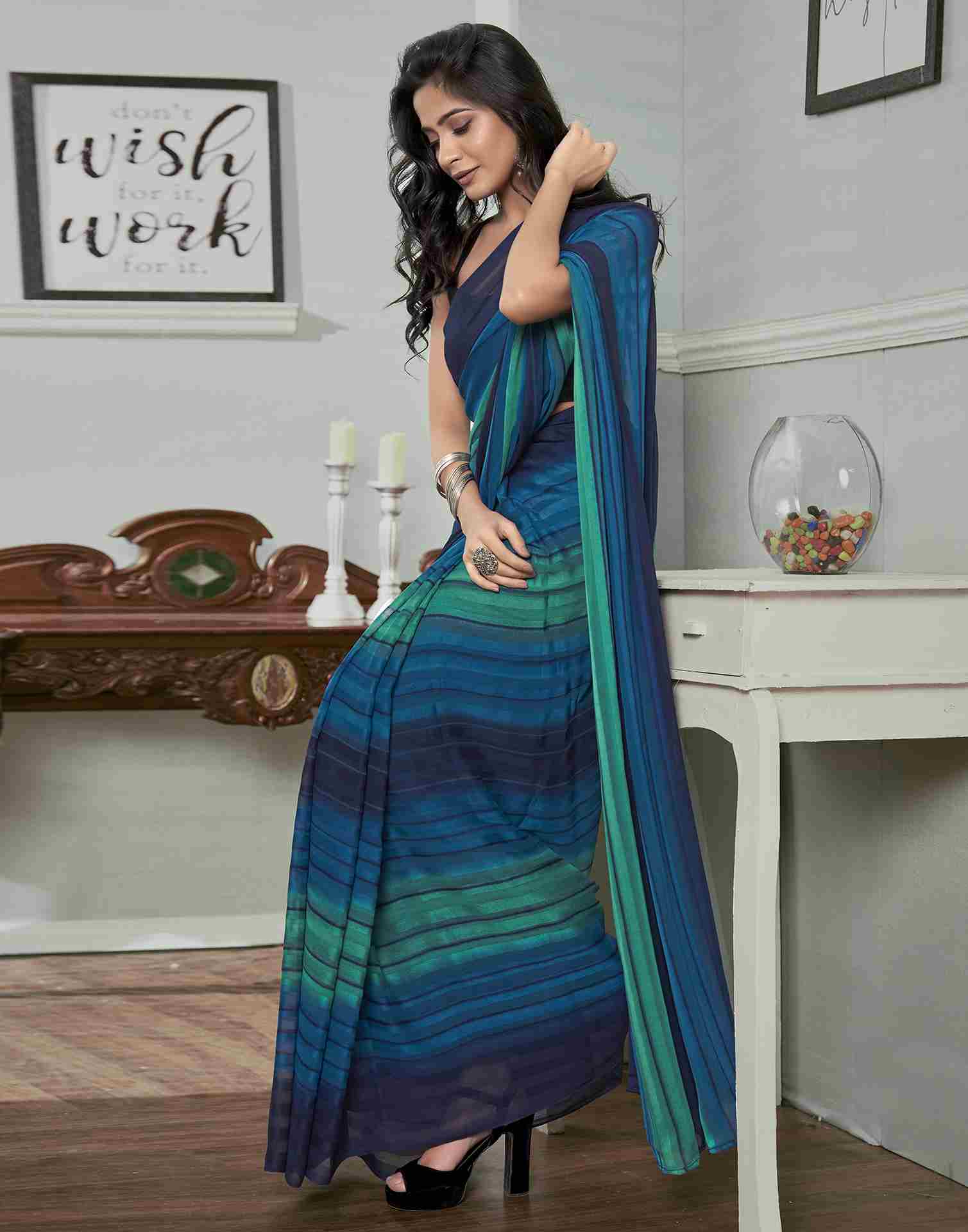 Ready To Wear Navy Blue Georgette Printed Saree