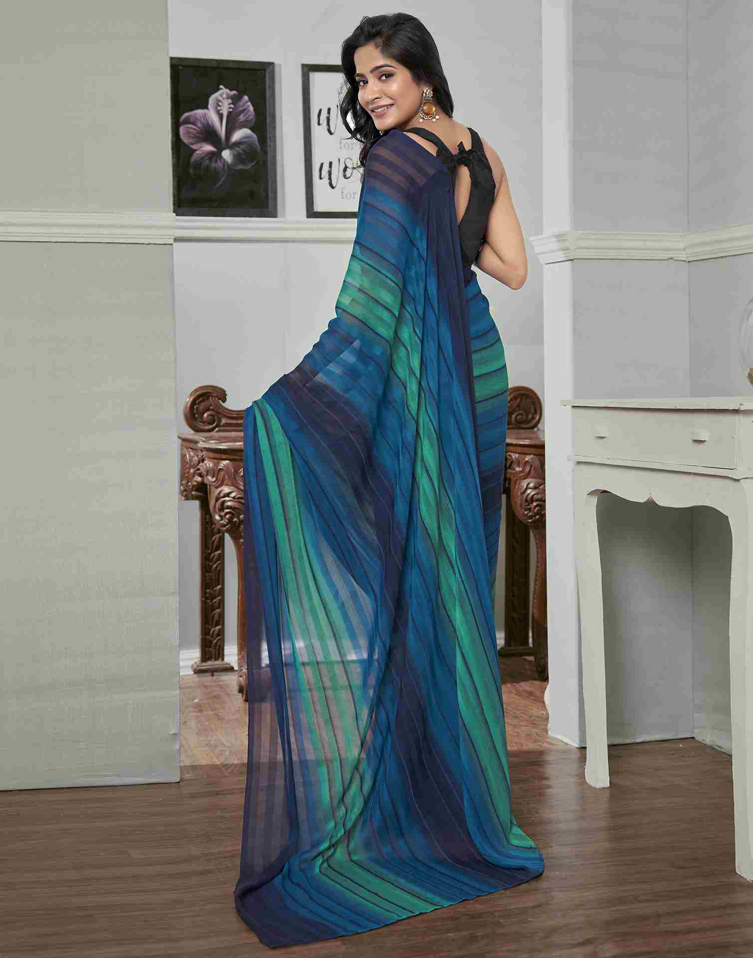 Ready To Wear Navy Blue Georgette Printed Saree