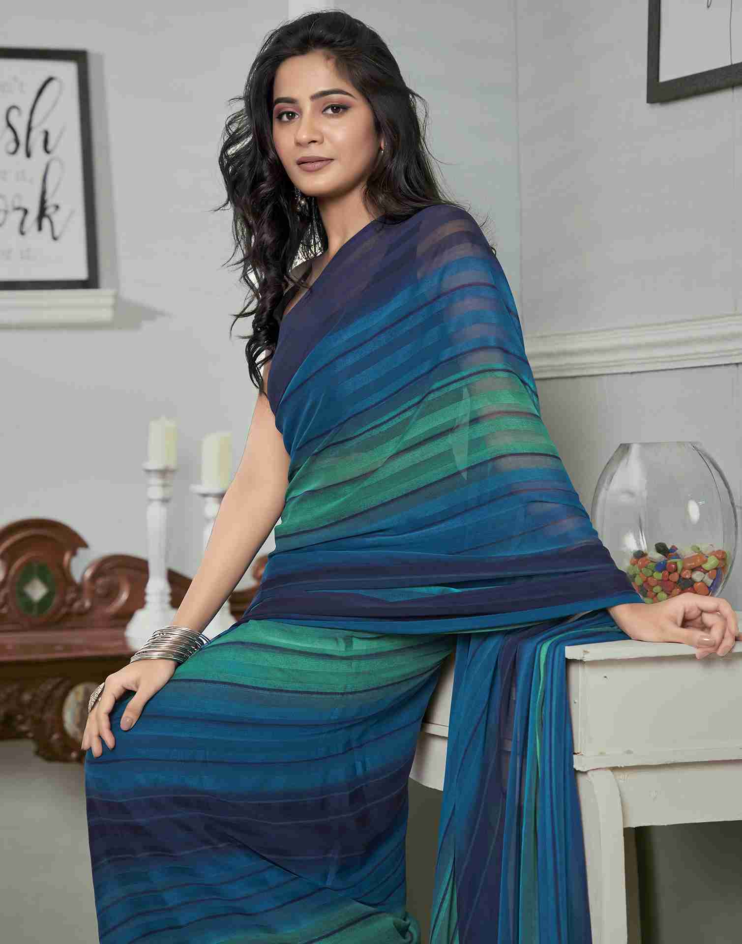 Ready To Wear Navy Blue Georgette Printed Saree