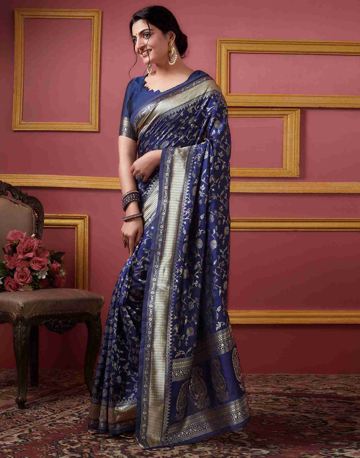 Navy Blue Silk Printed Banarasi Saree