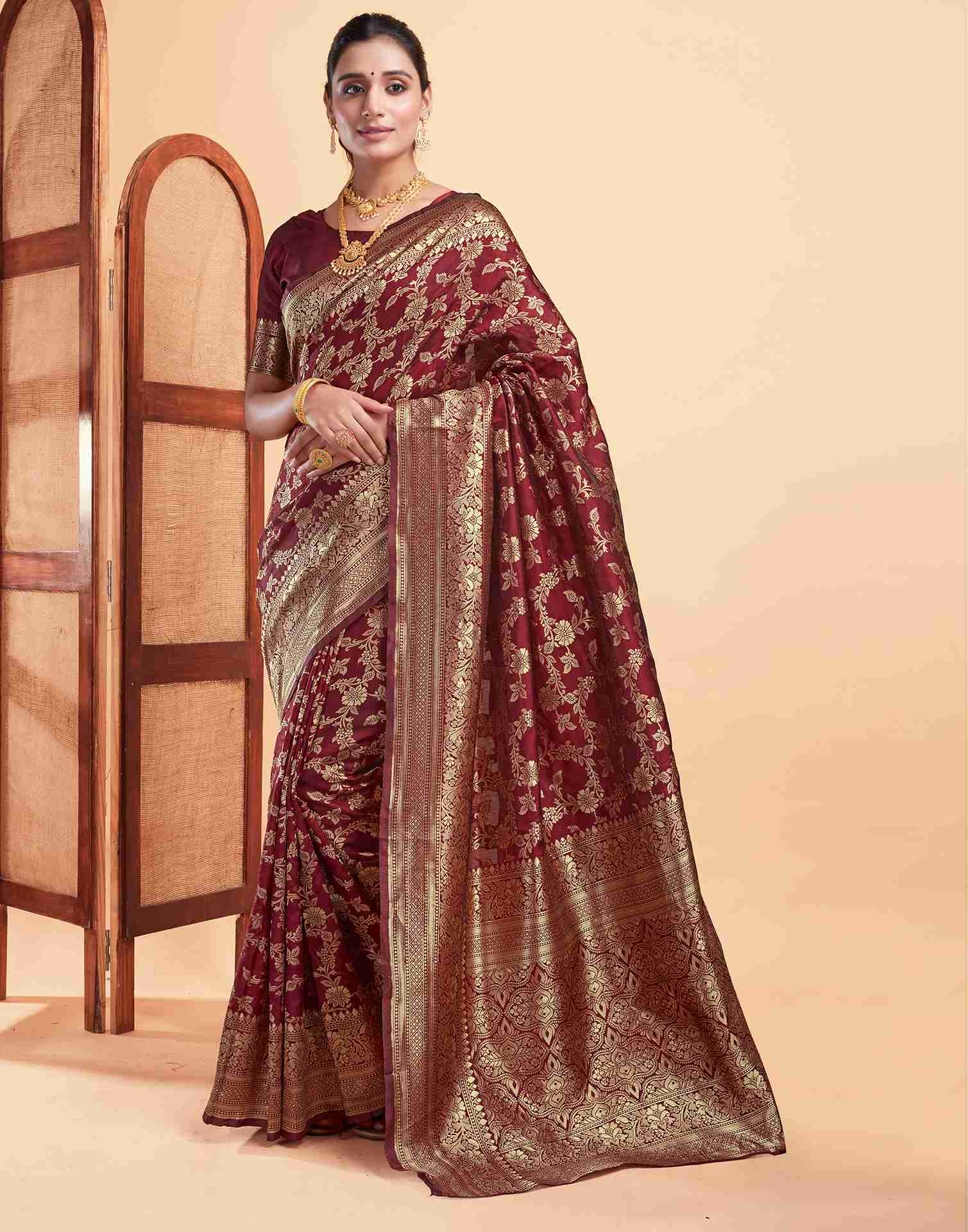 Maroon Silk Woven Banarasi Saree