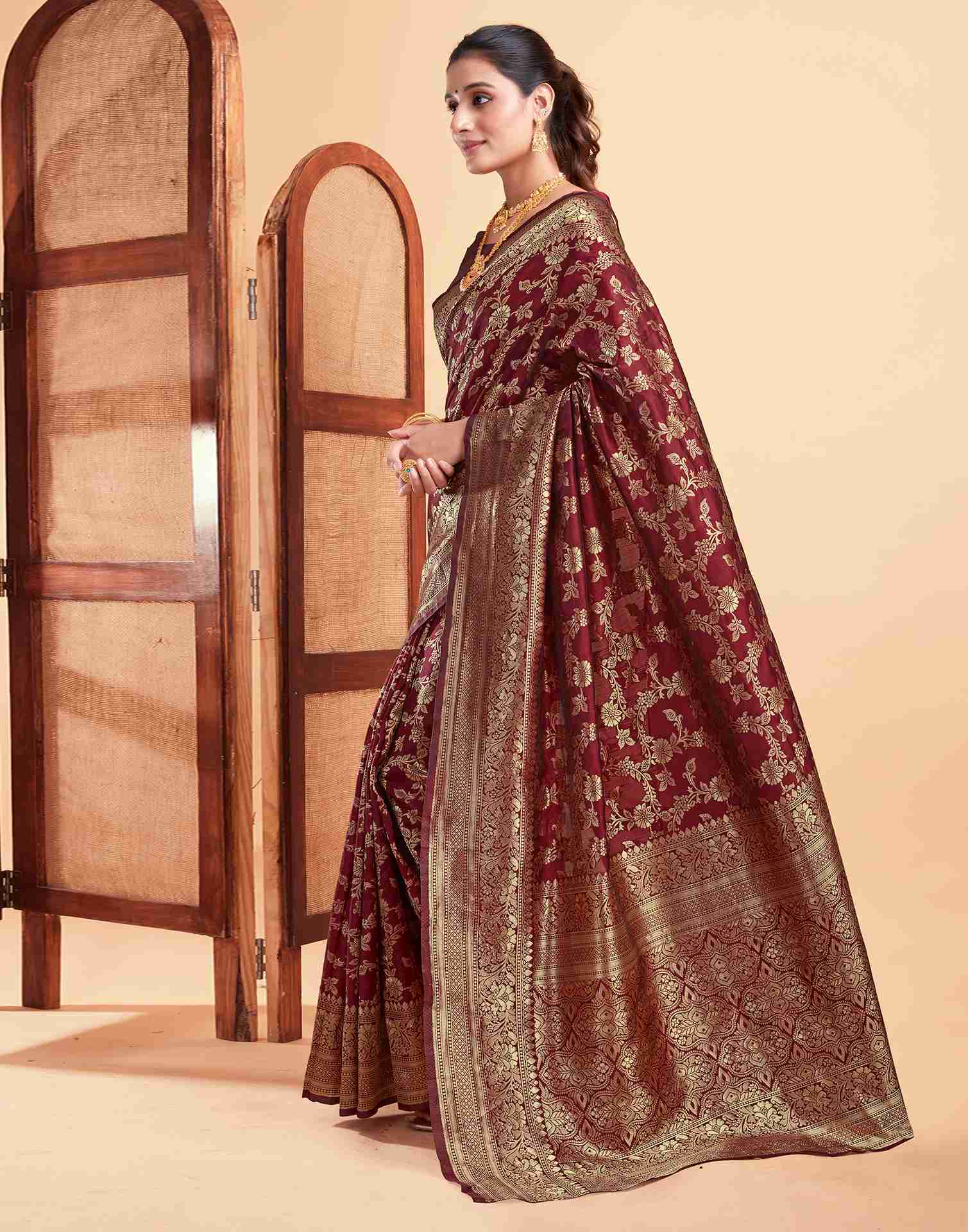 Maroon Silk Woven Banarasi Saree