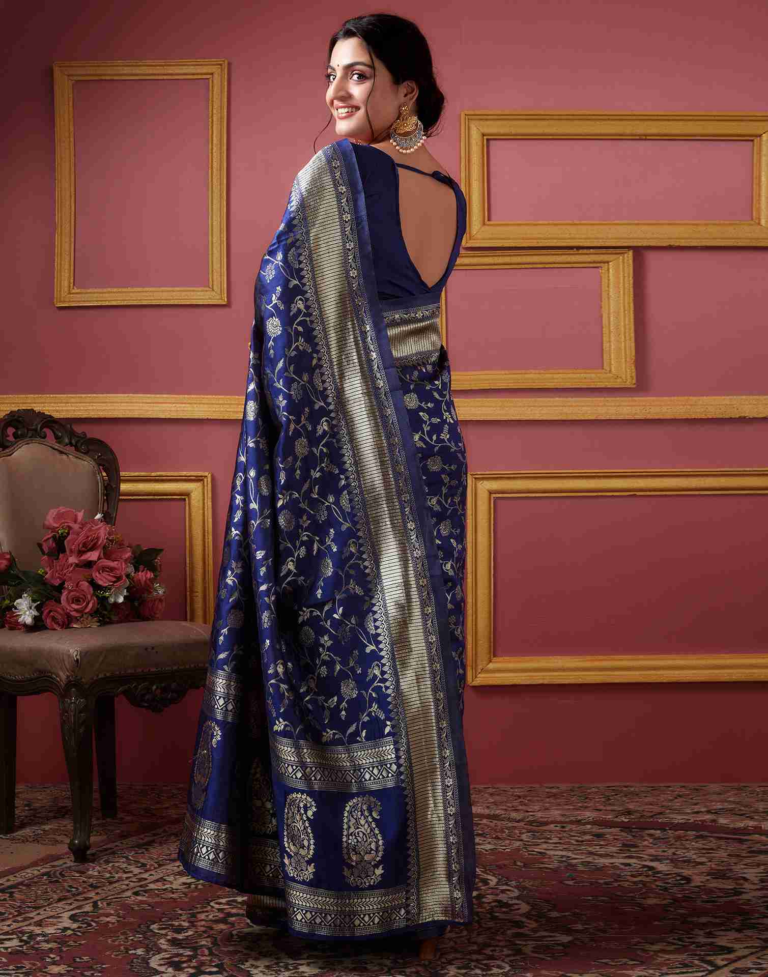 Navy Blue Silk Printed Banarasi Saree