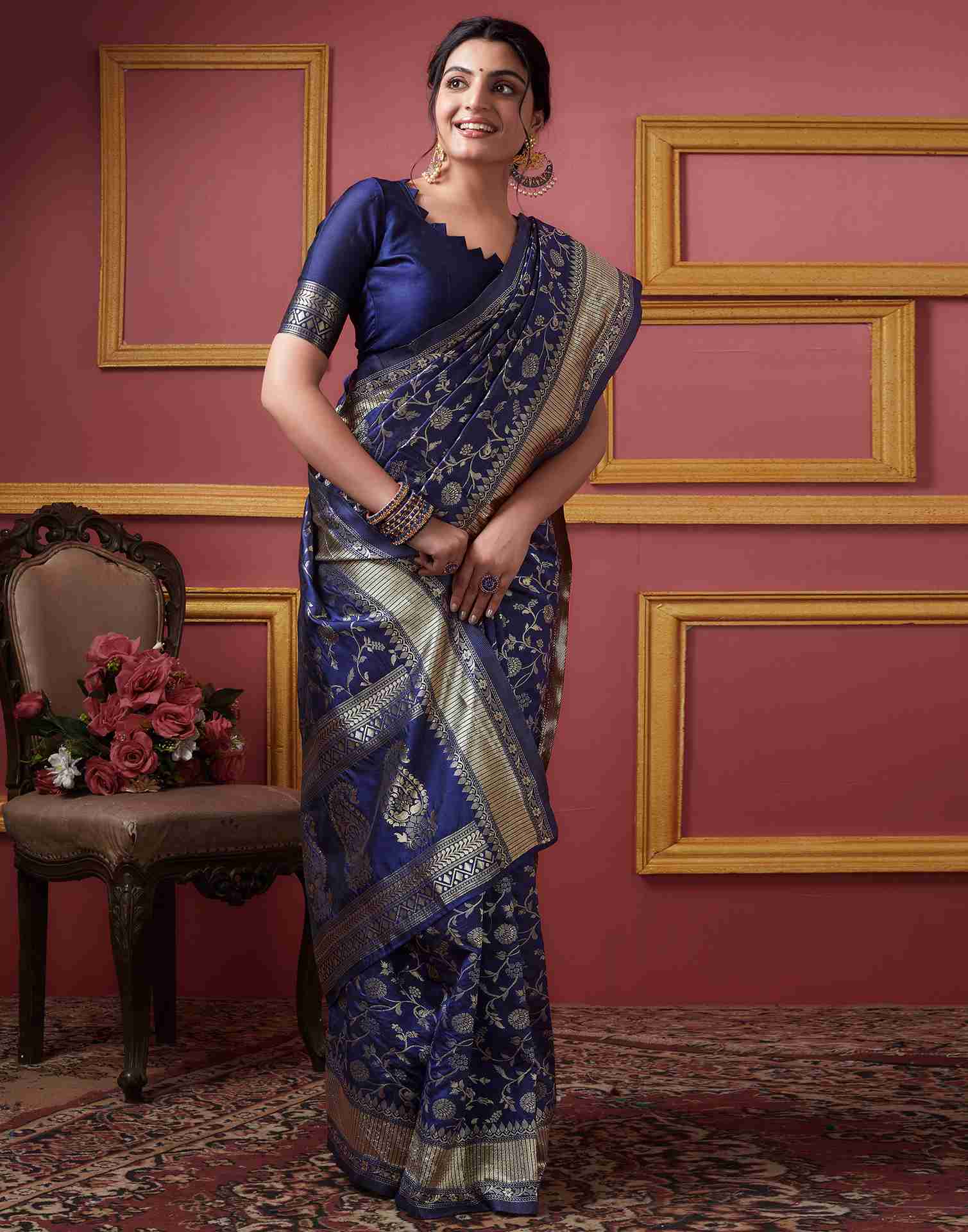 Navy Blue Silk Printed Banarasi Saree