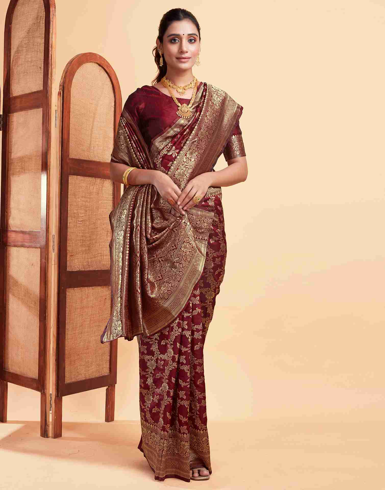 Maroon Silk Woven Banarasi Saree