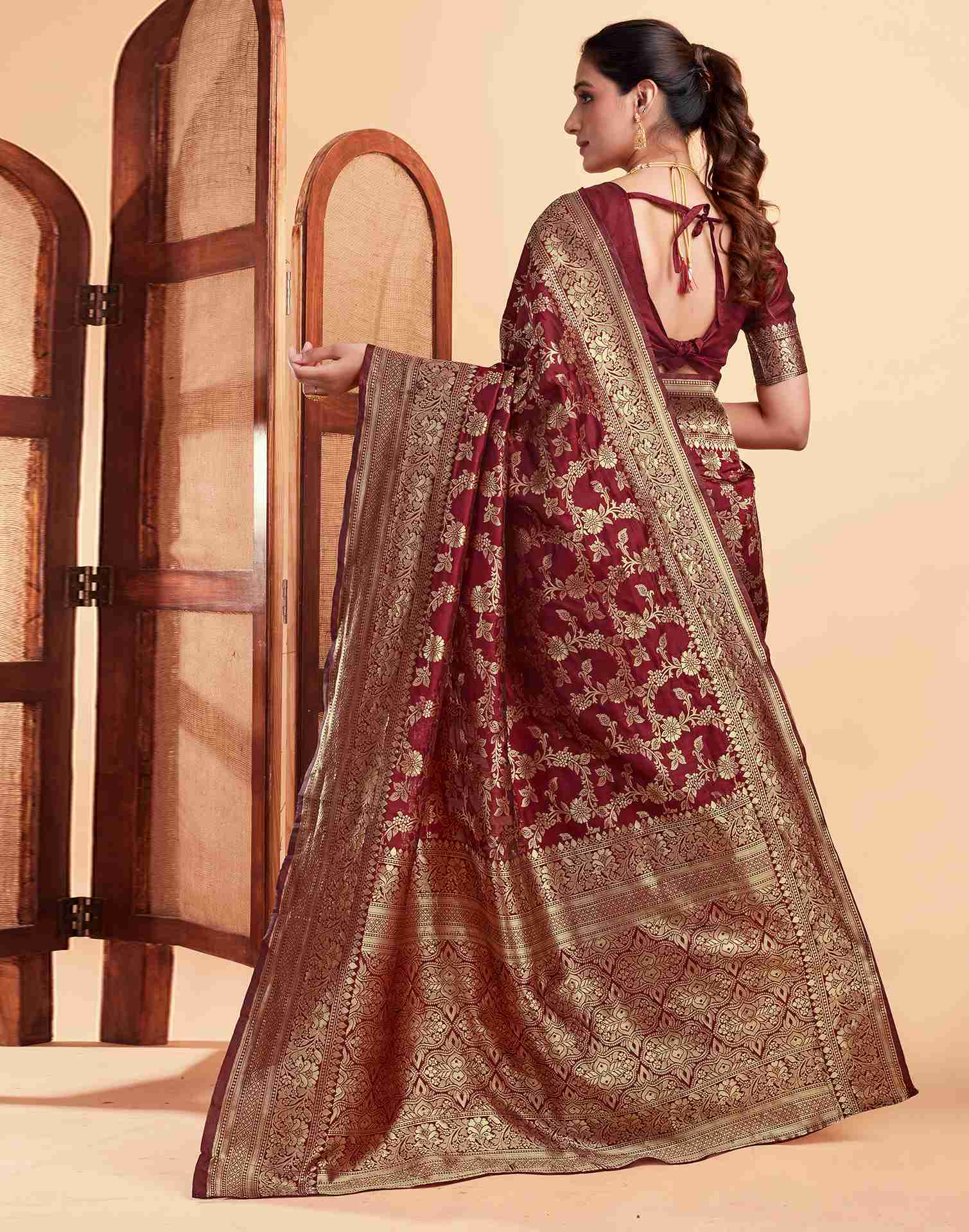 Maroon Silk Woven Banarasi Saree