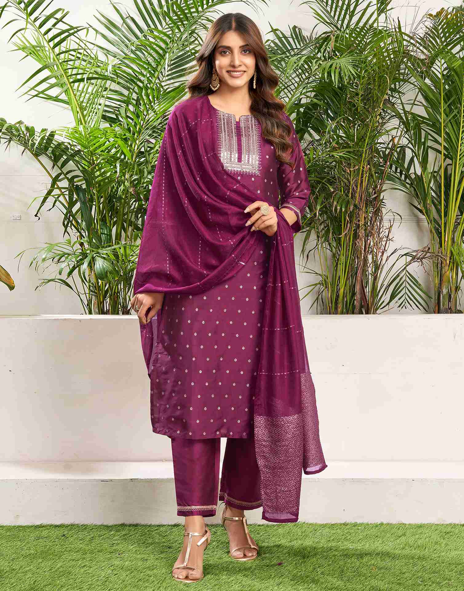 Dark Magenta Taffeta Embroidery Straight Kurta Set With Dupatta