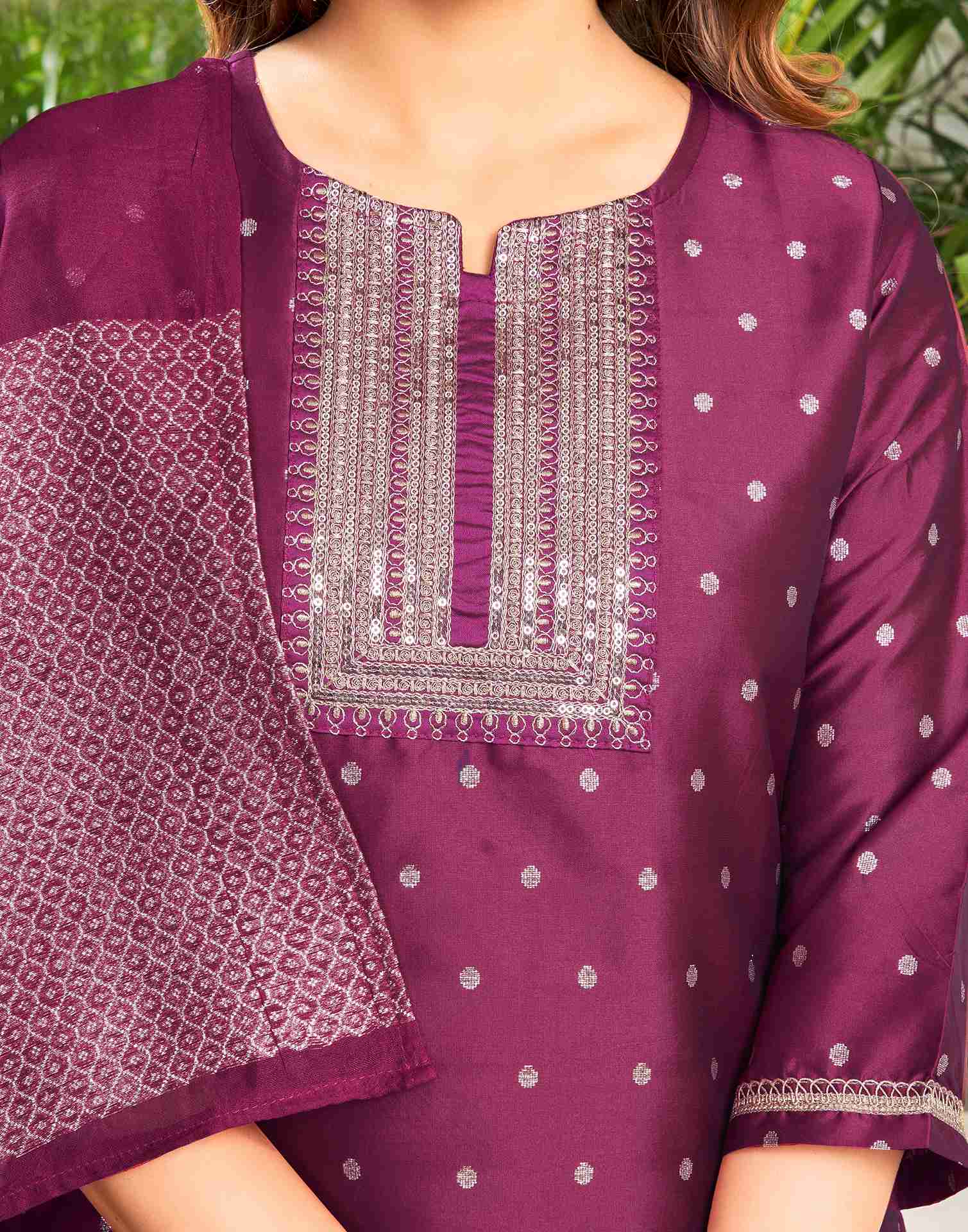 Dark Magenta Taffeta Embroidery Straight Kurta Set With Dupatta