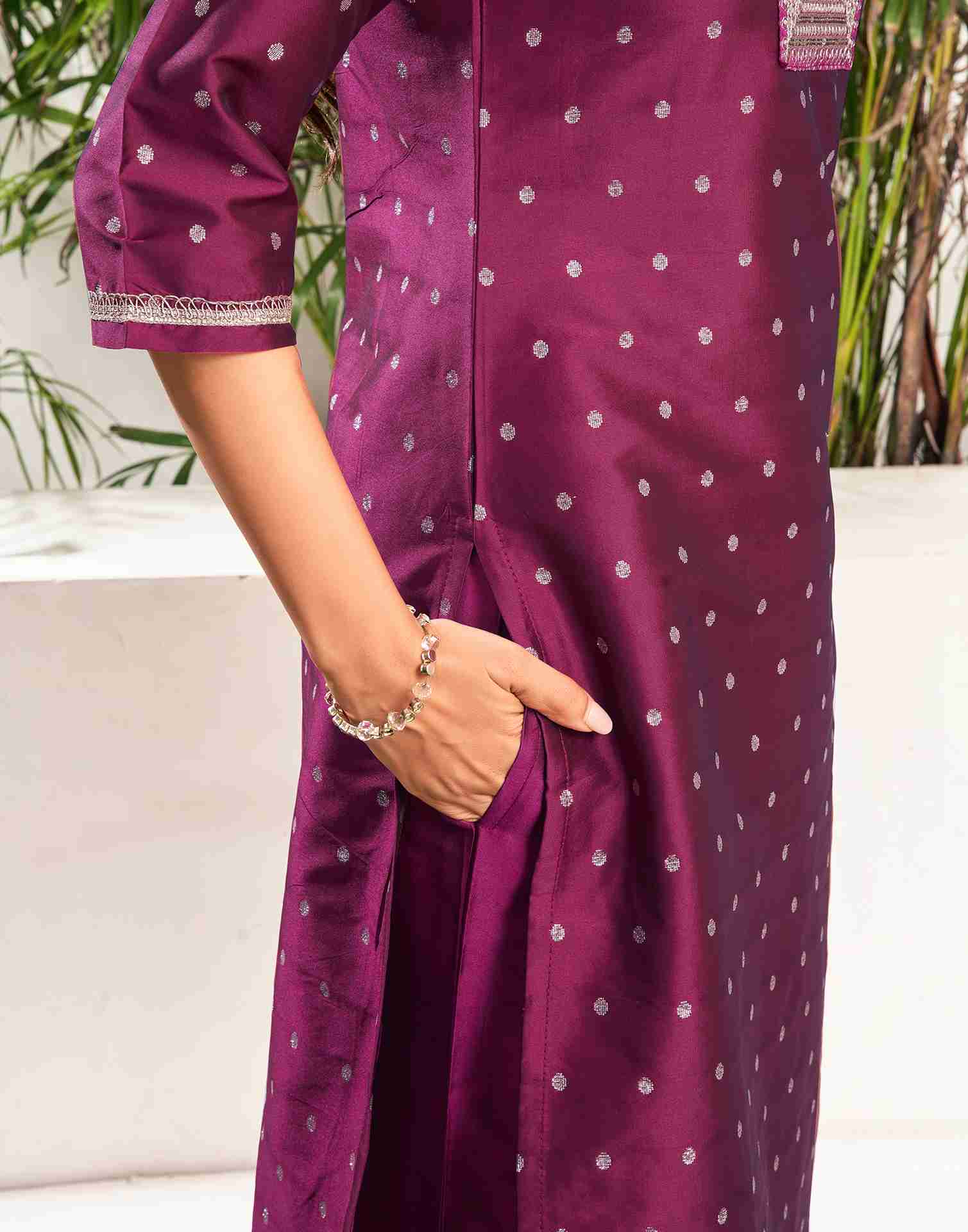 Dark Magenta Taffeta Embroidery Straight Kurta Set With Dupatta