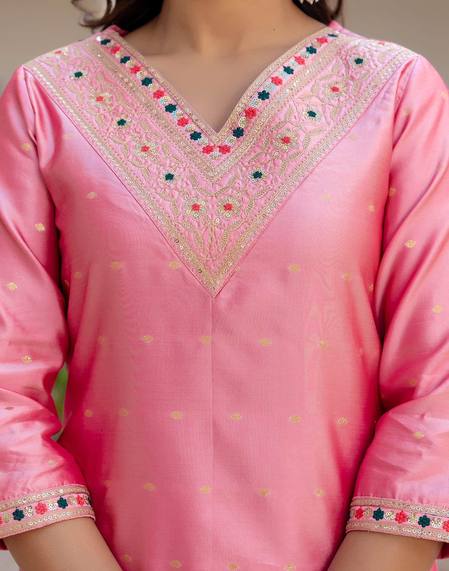 Dull Pink Taffeta Embroidery Straight Kurta Set With Dupatta