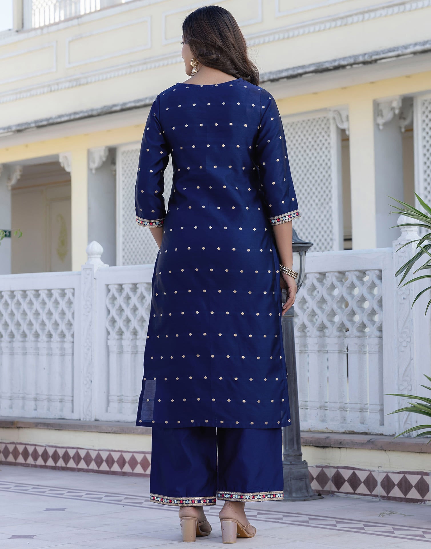 Navy Blue Taffeta Embroidery Straight Kurta Set With Dupatta
