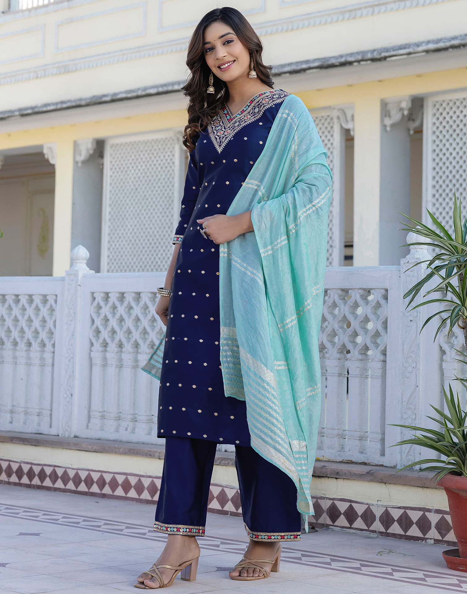Navy Blue Taffeta Embroidery Straight Kurta Set With Dupatta