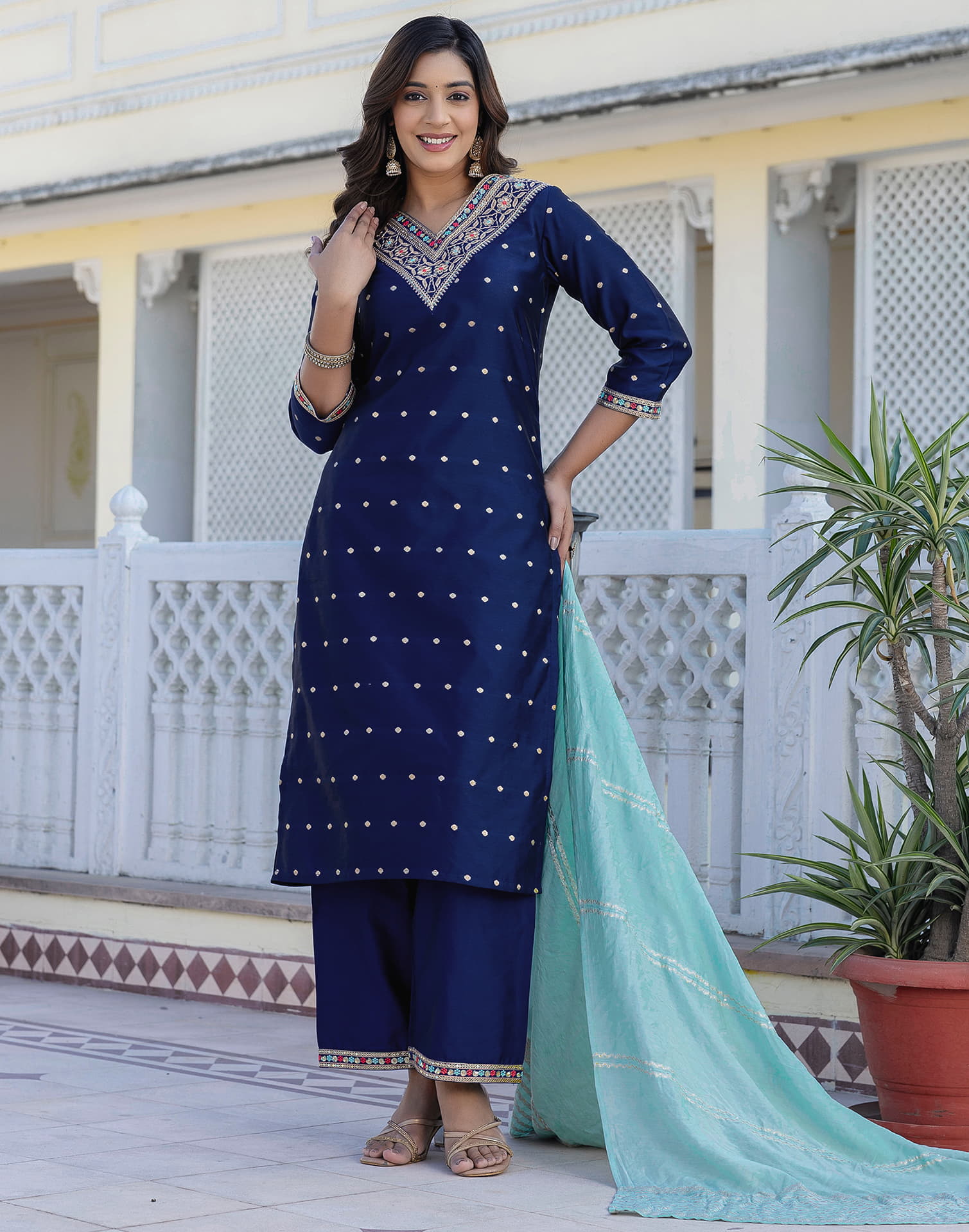 Navy Blue Taffeta Embroidery Straight Kurta Set With Dupatta
