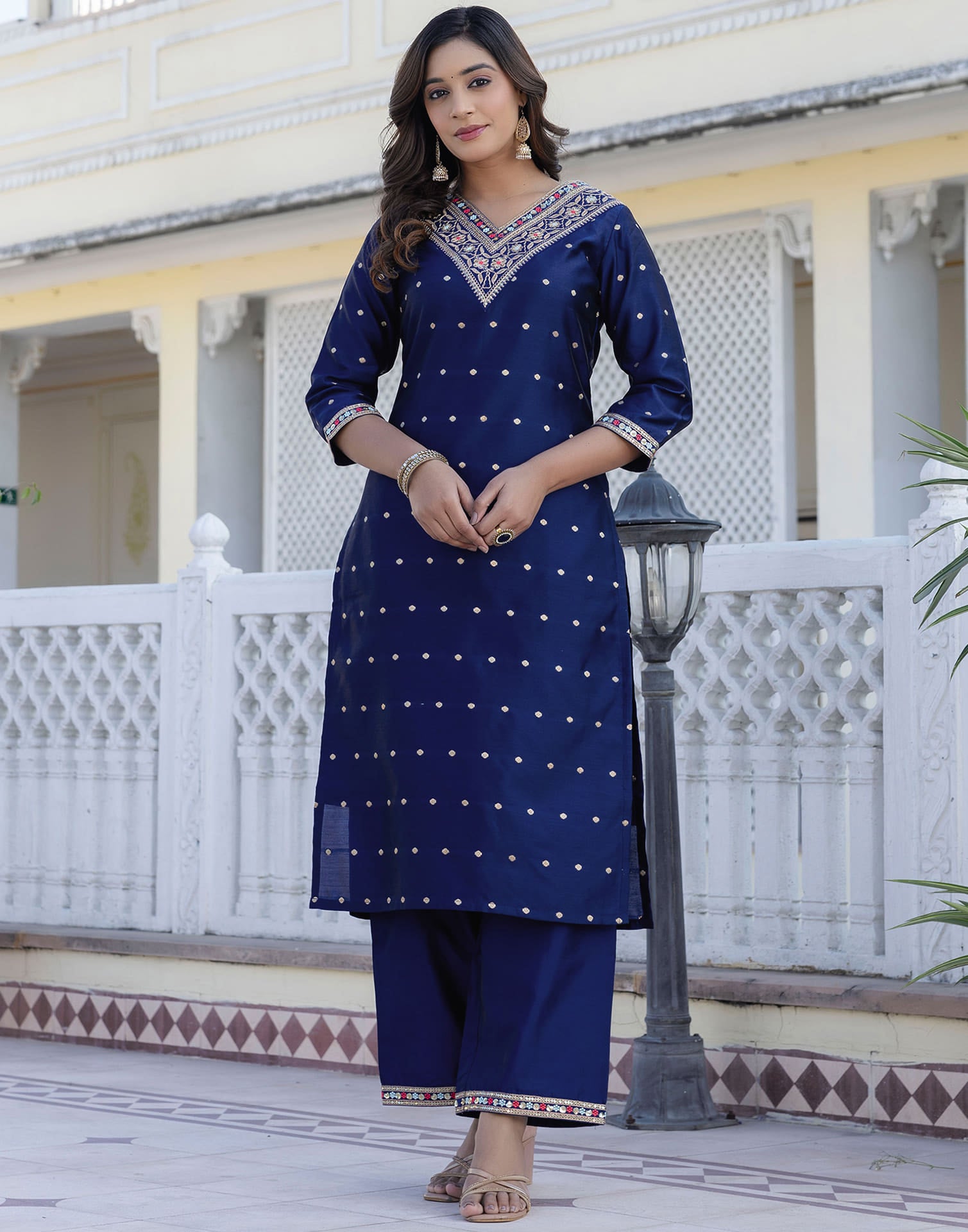 Navy Blue Taffeta Embroidery Straight Kurta Set With Dupatta