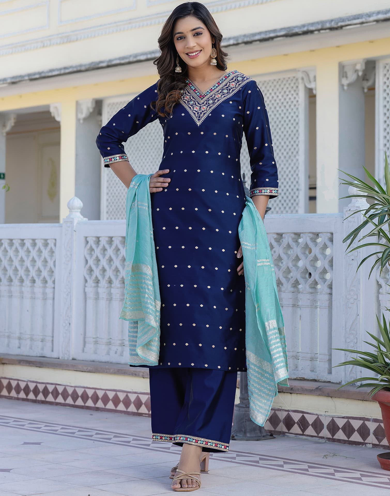 Navy Blue Taffeta Embroidery Straight Kurta Set With Dupatta