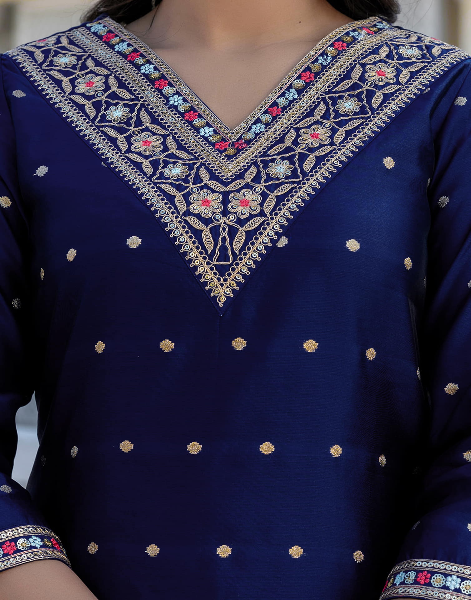 Navy Blue Taffeta Embroidery Straight Kurta Set With Dupatta