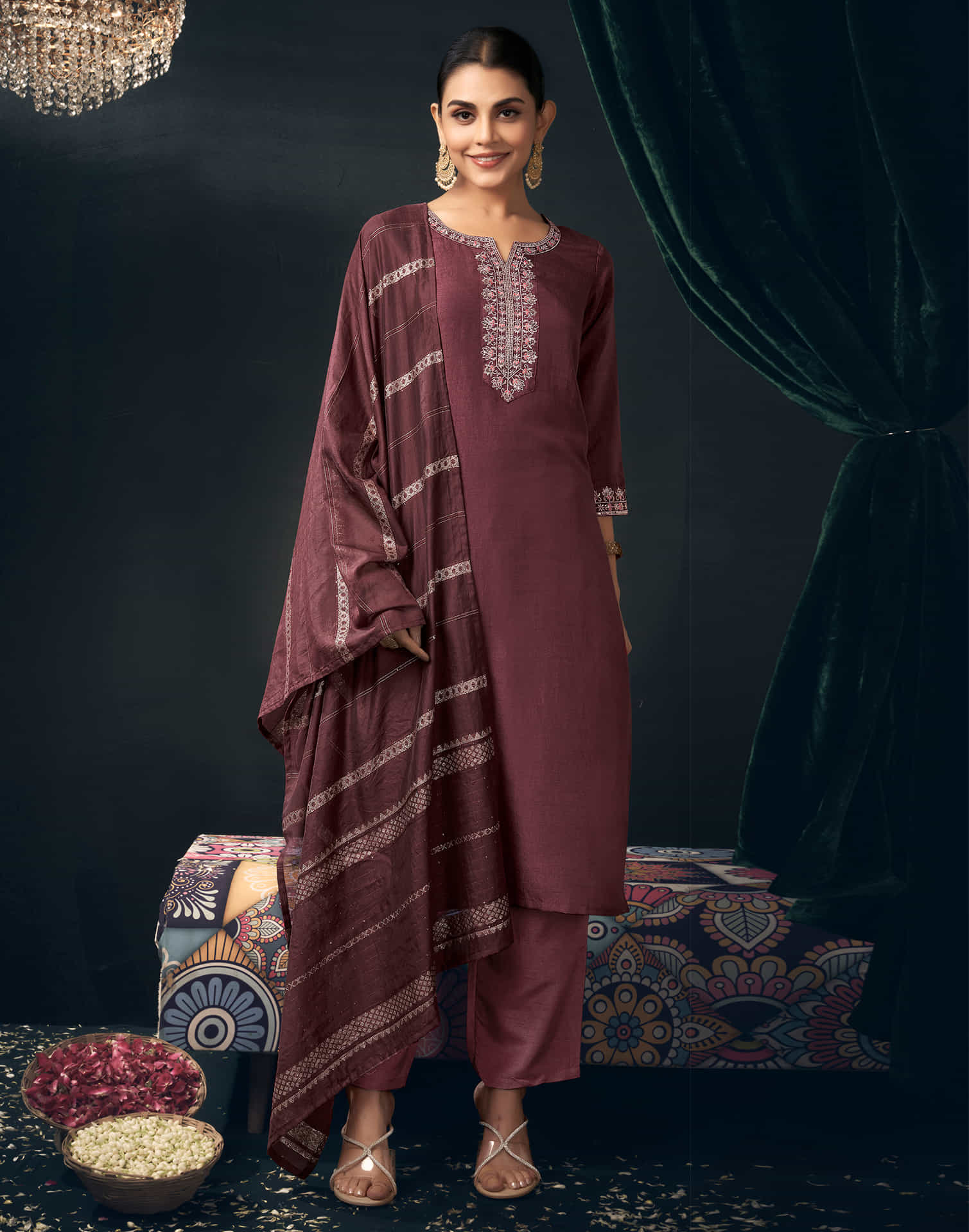Brown Silk Sequence Straight Kurta Set with Dupatta