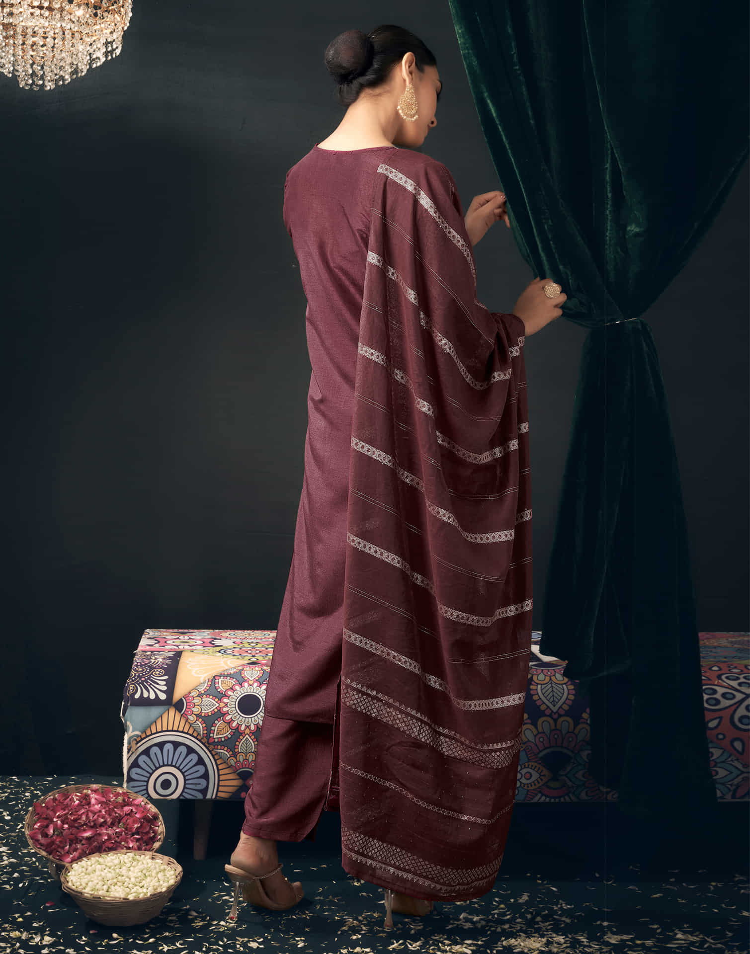 Brown Silk Sequence Straight Kurta Set with Dupatta