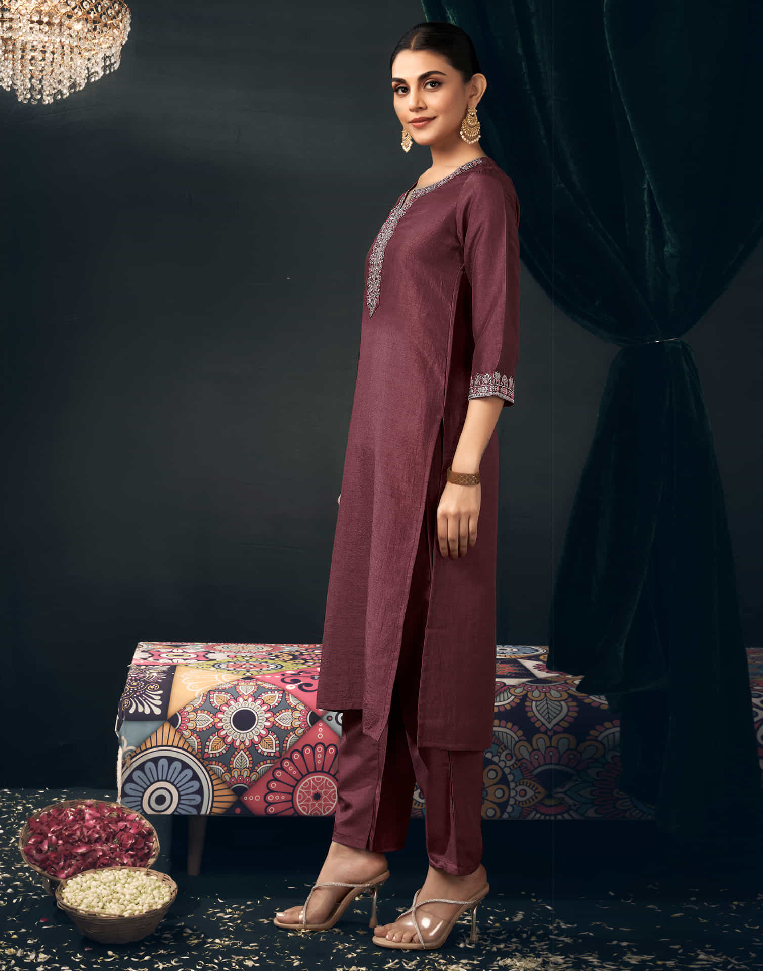 Brown Silk Sequence Straight Kurta Set with Dupatta