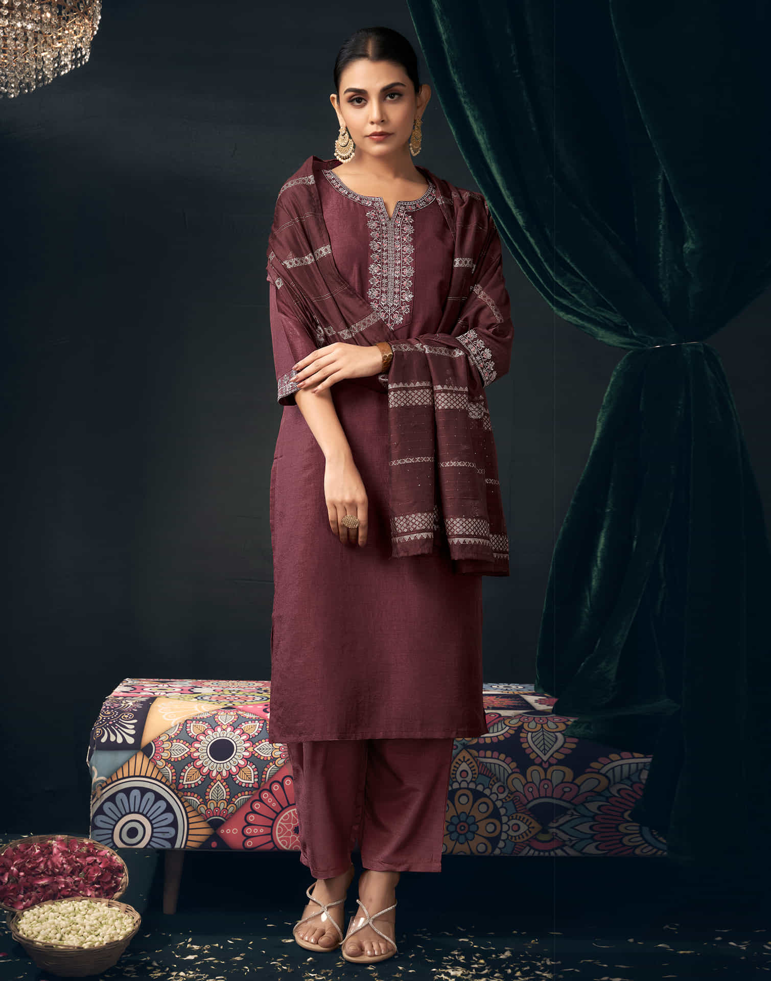 Brown Silk Sequence Straight Kurta Set with Dupatta