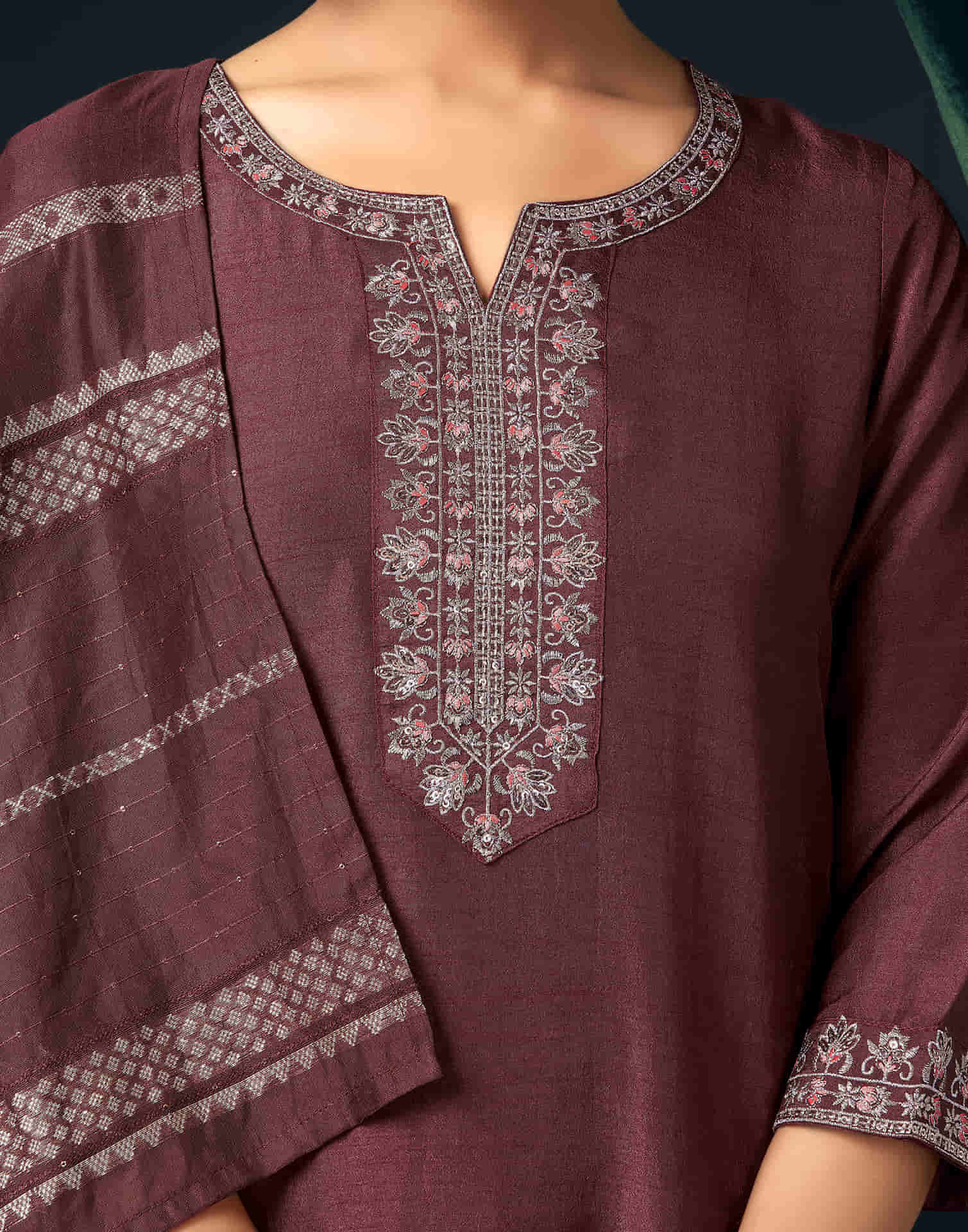 Brown Silk Sequence Straight Kurta Set with Dupatta