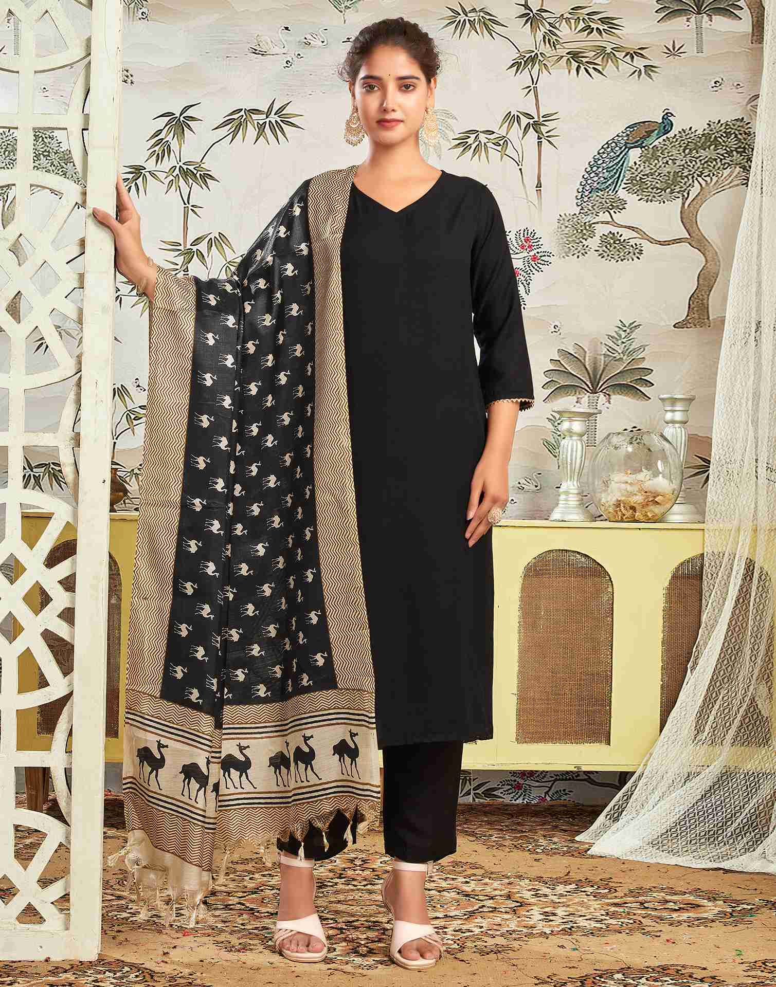 Black Rayon Plain Straight Kurta With Pant And Dupatta