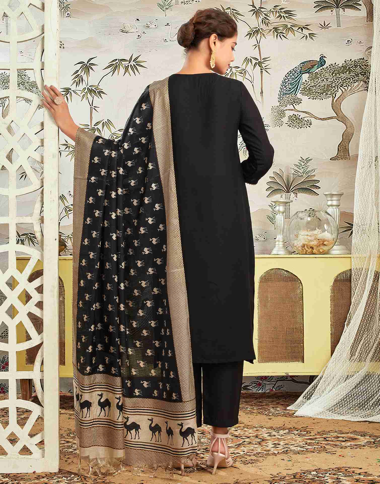Black Rayon Plain Straight Kurta With Pant And Dupatta
