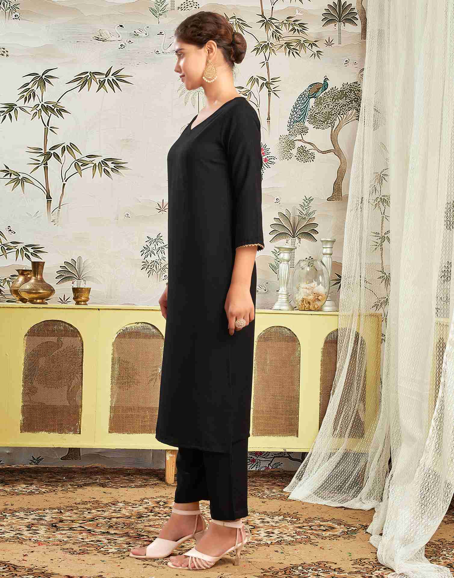 Black Rayon Plain Straight Kurta With Pant And Dupatta