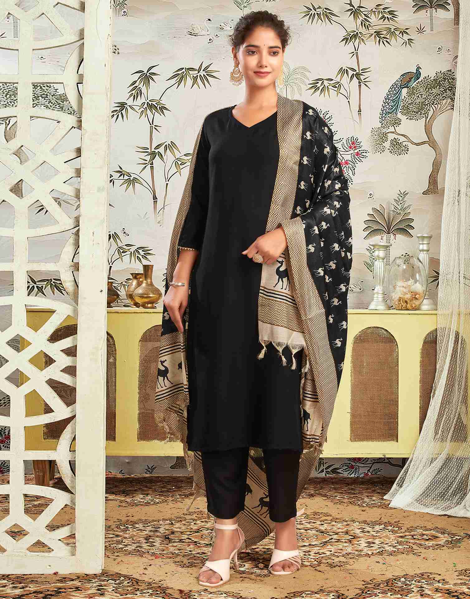 Black Rayon Plain Straight Kurta With Pant And Dupatta