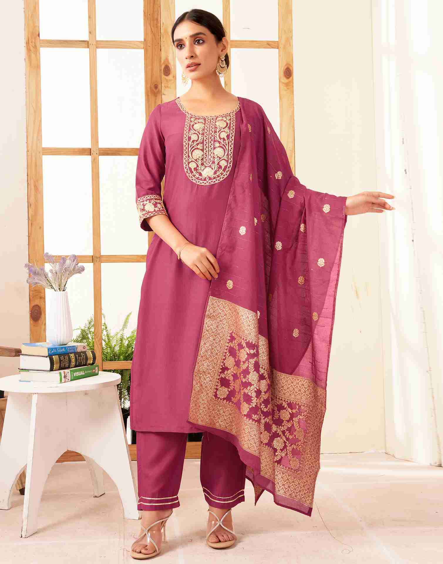Rouge Pink Chinnon Plain Straight Kurta With Pant And Dupatta