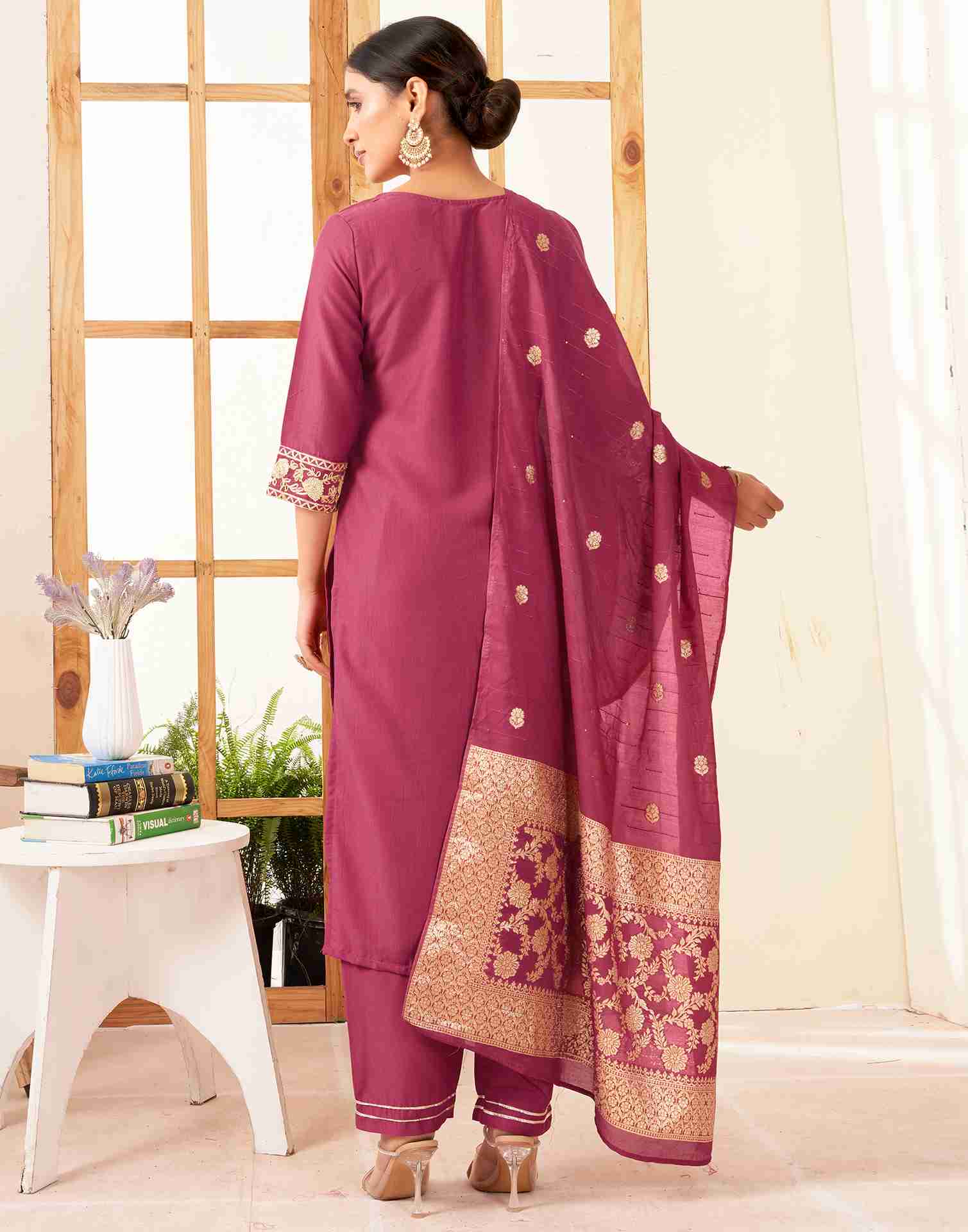 Rouge Pink Chinnon Plain Straight Kurta With Pant And Dupatta