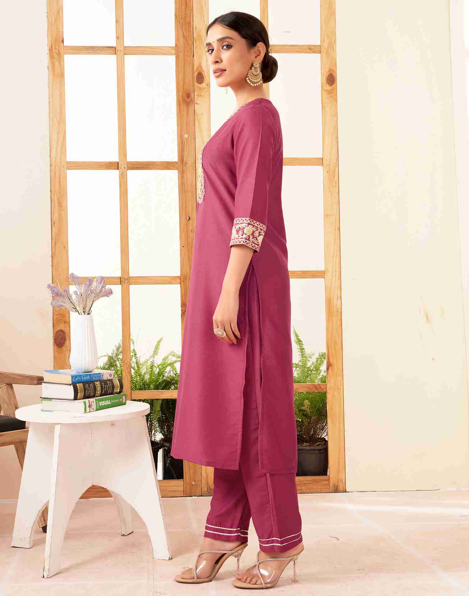 Rouge Pink Chinnon Plain Straight Kurta With Pant And Dupatta