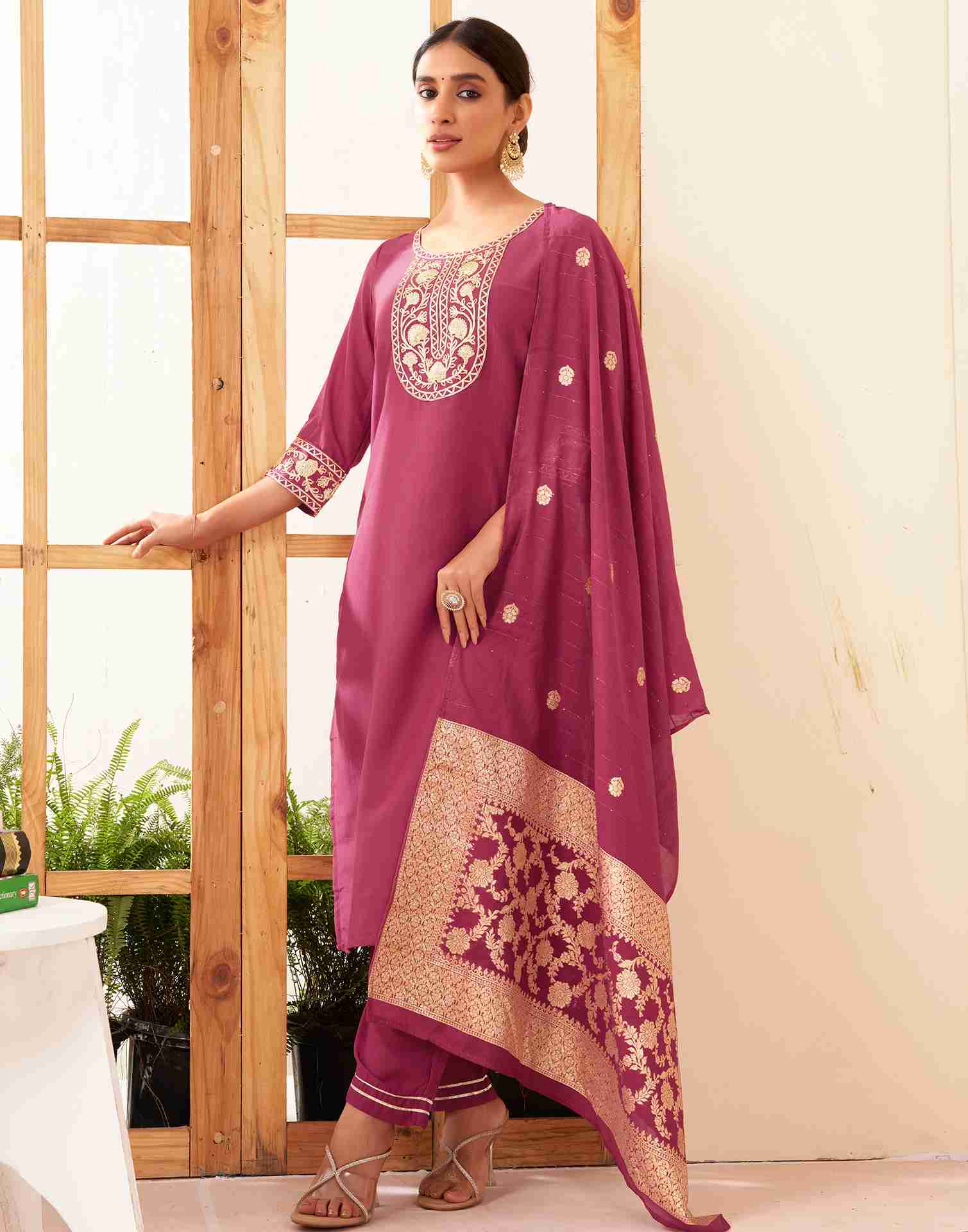 Rouge Pink Chinnon Plain Straight Kurta With Pant And Dupatta
