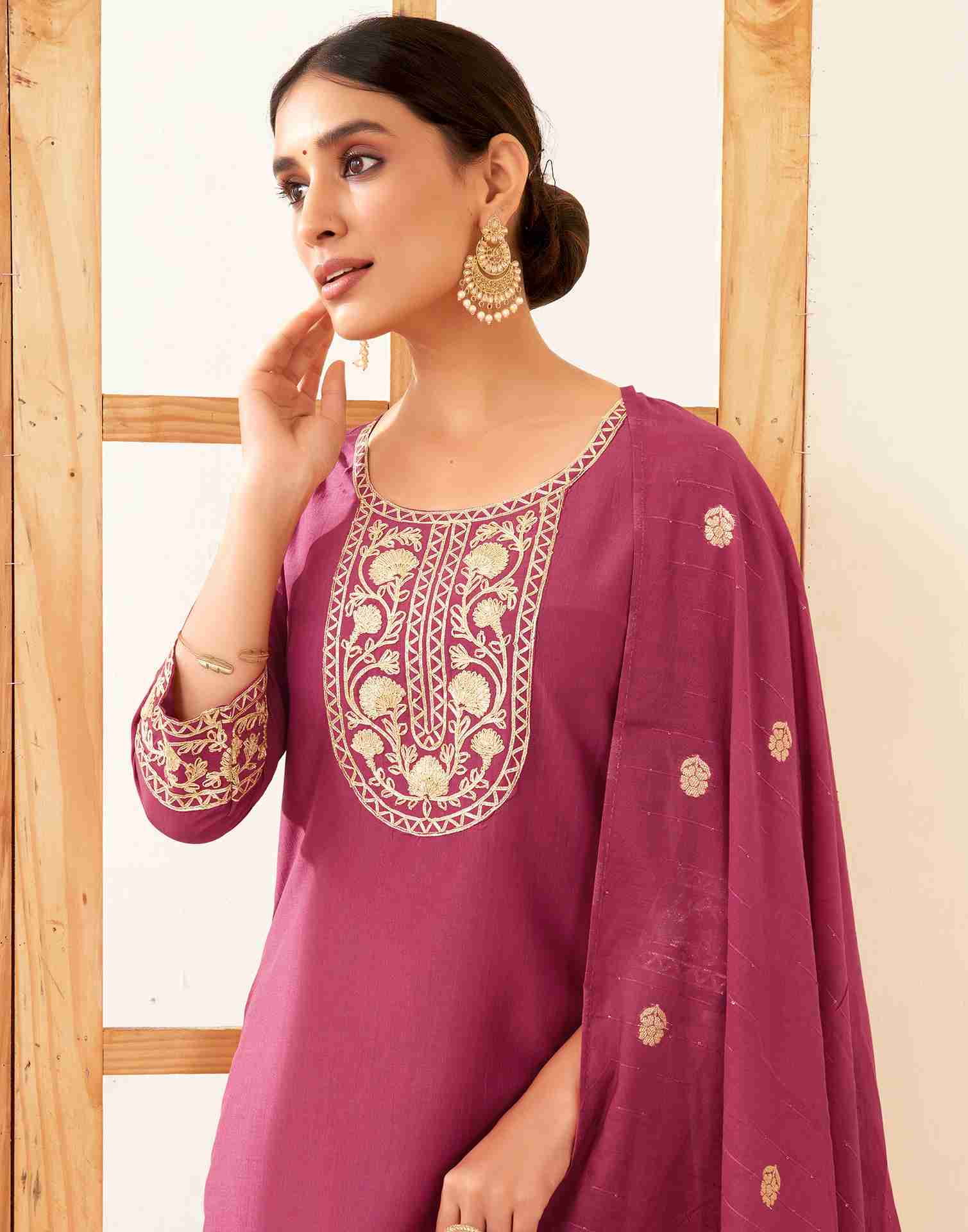 Rouge Pink Chinnon Plain Straight Kurta With Pant And Dupatta