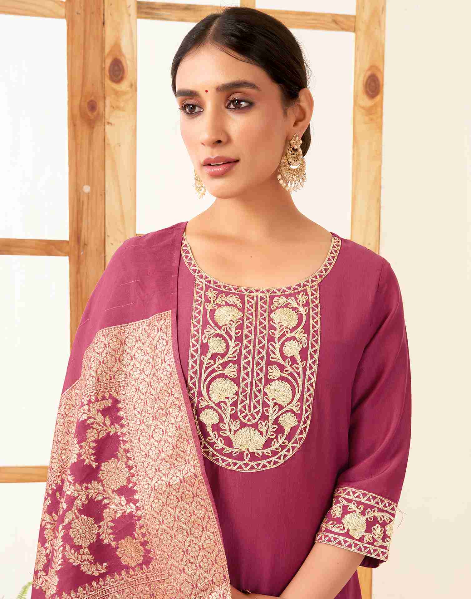 Rouge Pink Chinnon Plain Straight Kurta With Pant And Dupatta